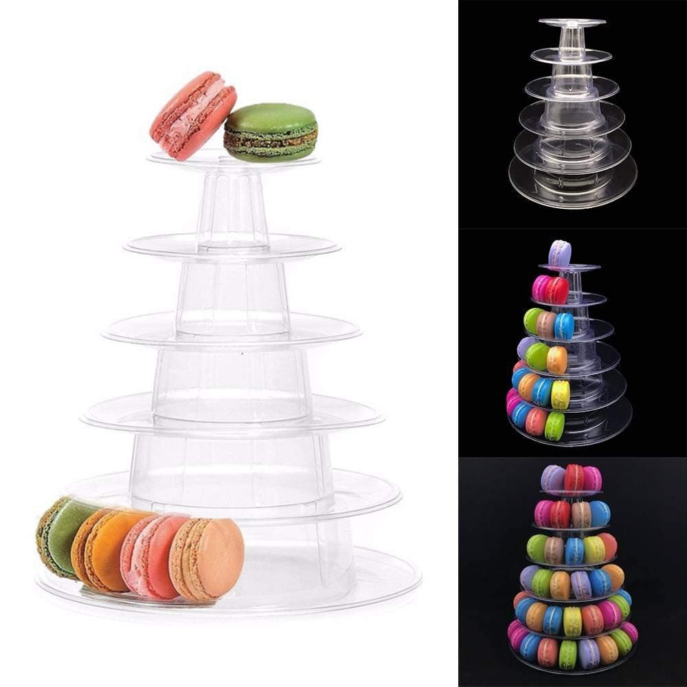6 Tiers Clear Round Macaron Tower PVC Tray Cake Dessert Stand and Macaron Display Rack for Wedding Birthday Party & Festival