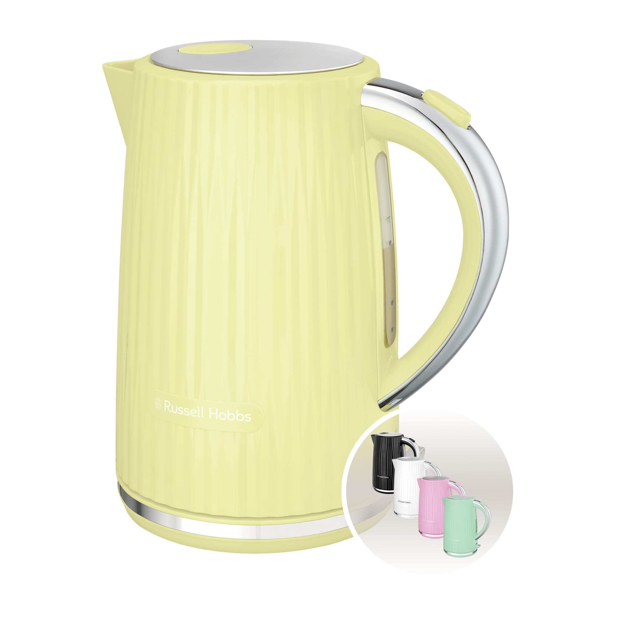 Russell Hobbs Electric Kettle (Hot Water, Tea or Coffee, 1.7L, Push to open lid, Perfect pour spout, Removable washable filter, Illuminated switch, Chrome accents, Lemon, 3000W) Eden 27363