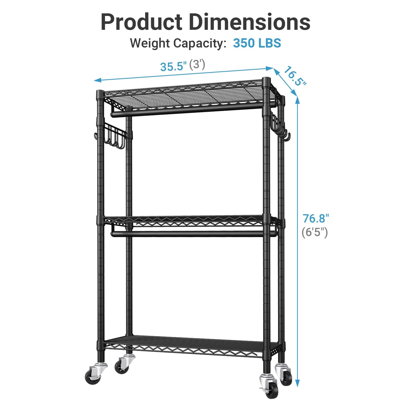 VIPEK V12 Medium Heavy Duty Rolling Garment Rack 3 Tiers Adjustable Clothes Rack with Double Rods & Hooks, Freestanding Wardrobe Closet Storage Rack Metal Clothing Rack for Hanging Clothes, Black