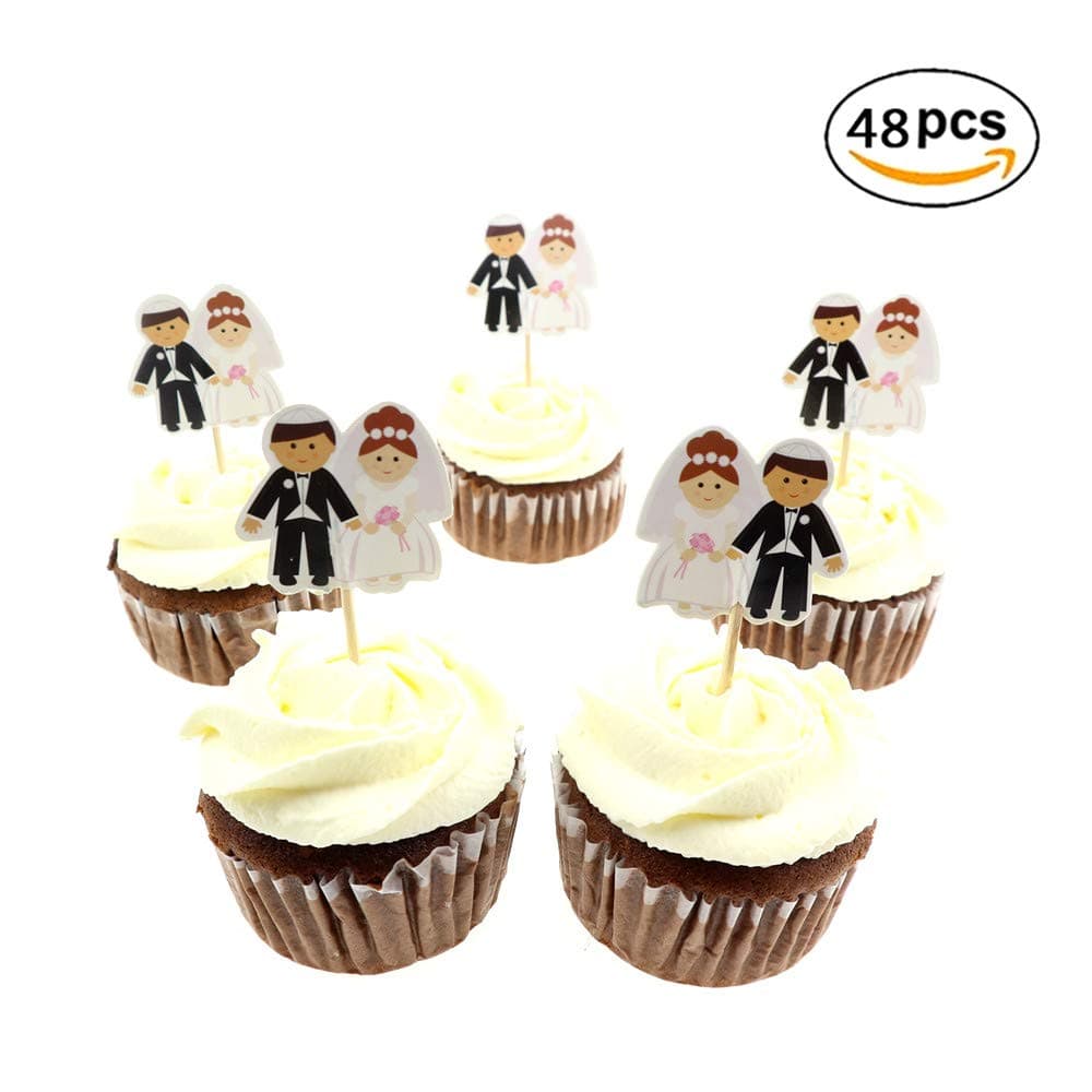 48pcs Cute Bride and Bridegroom Toppers Mini Cake Toppers Toppers Decorative Accessories for Bridal Shower Wedding Ceremony and Bachelor Party