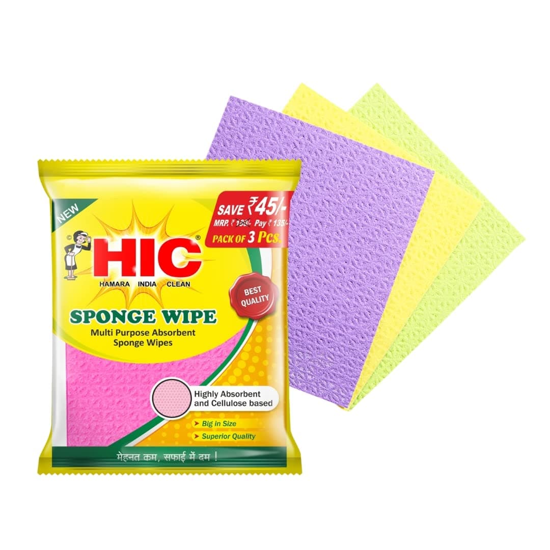 HIC HAMARA INDIA CLEANSponge Wipe resuable and Washable Sponge Wipes with Super absorbant Biodegradable Cellulose Material for Kitchen and Home Cleaning (Multicolored) - Pack of 3