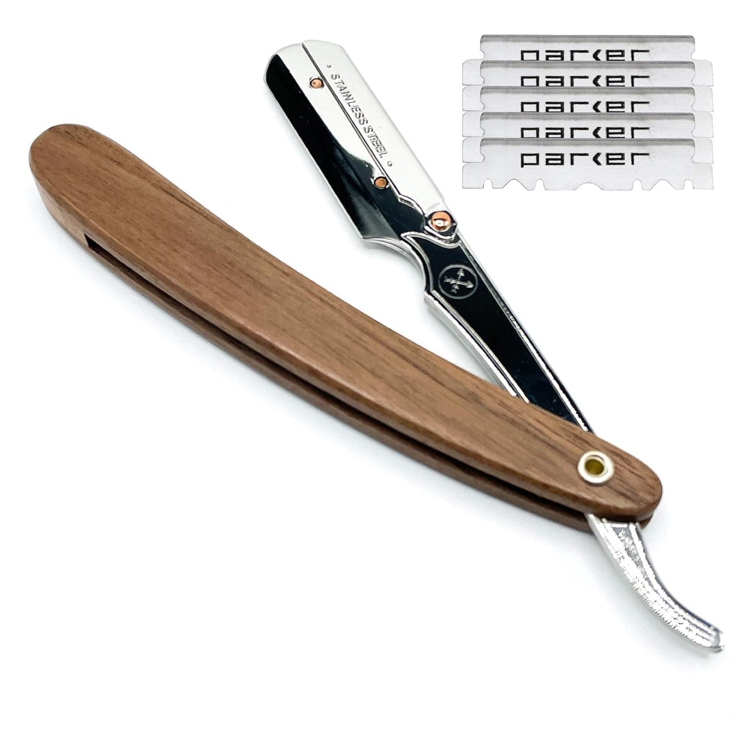 Parker SRDW Professional Shavette Razor – Walnut Wood Handle, Stainless Steel Arm & Clip Lock System for Secure Blade Fit, 5 Blades Included