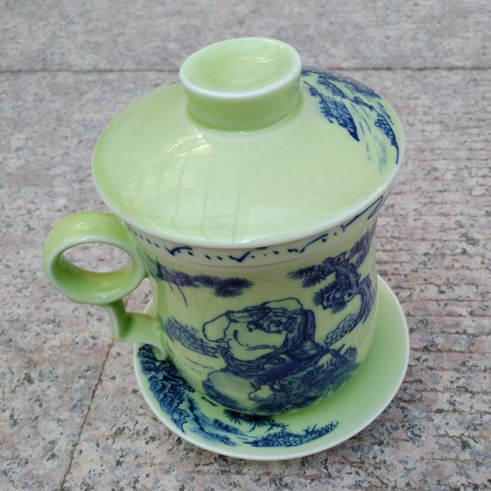 Chinese Dehua Porcelain Teacup Green Tea Cup with Lid, Saucer and Filter
