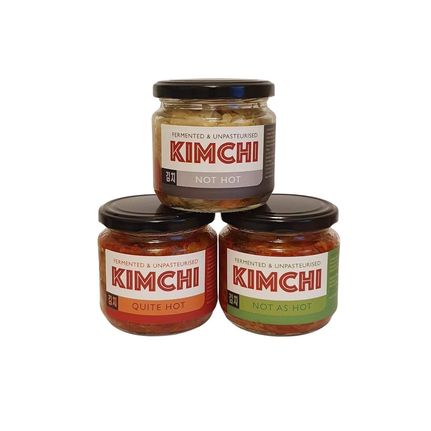 Kimchi 3-Jar Selection – Intense, Mellow, and No-Spice Baek Kimchi – Authentic Korean Recipe, 320g Each, Non-Pasteurised, Probiotic-Rich, Made in the UK
