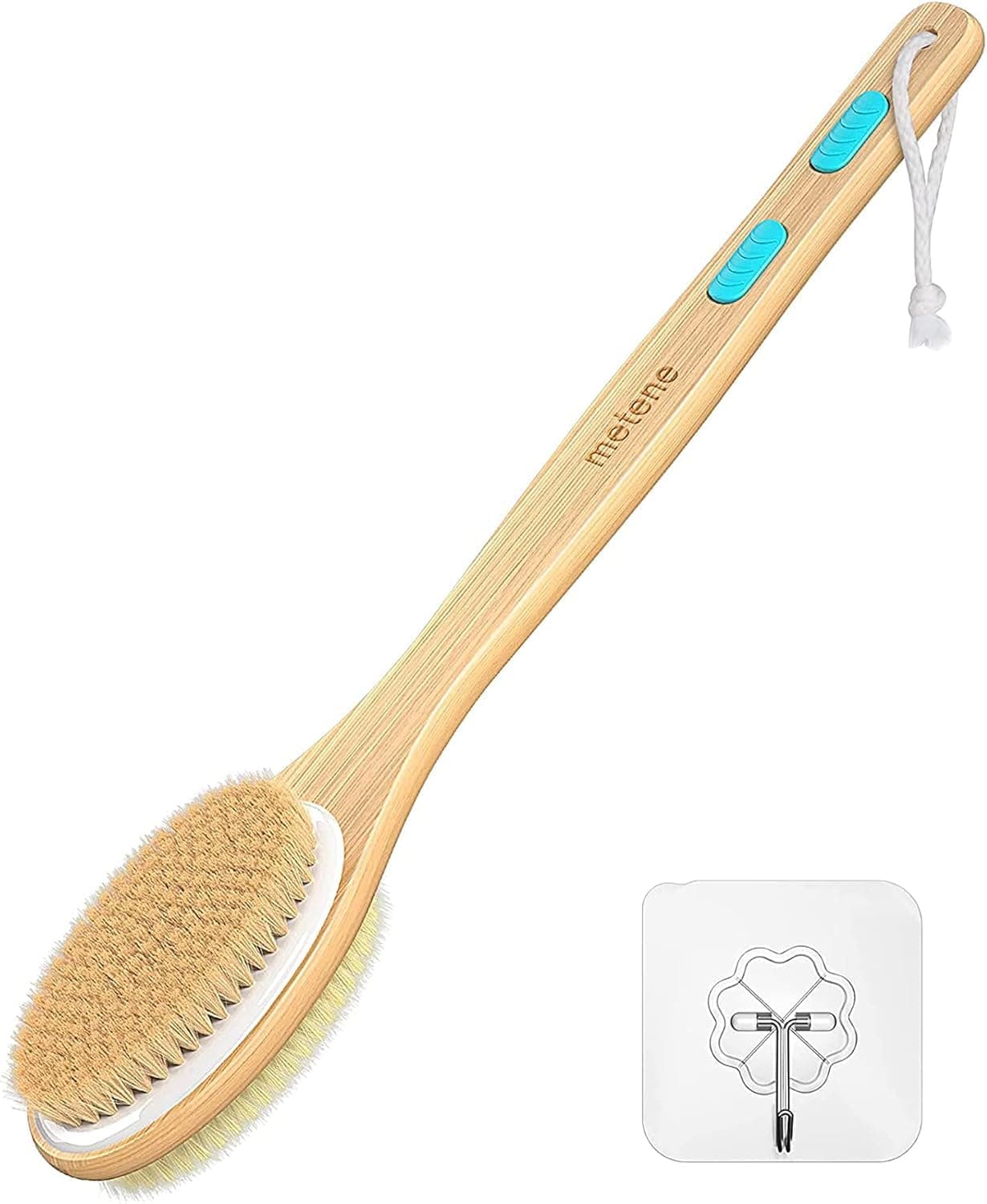 â Metene Back Scrubber for Shower, Shower Brush for Exfoliating Skin and A Soft Scrub, Double-sided Body Brush Head for Wet or Dry Brushing, Long Wooden Handle Cleans the Body Easily
