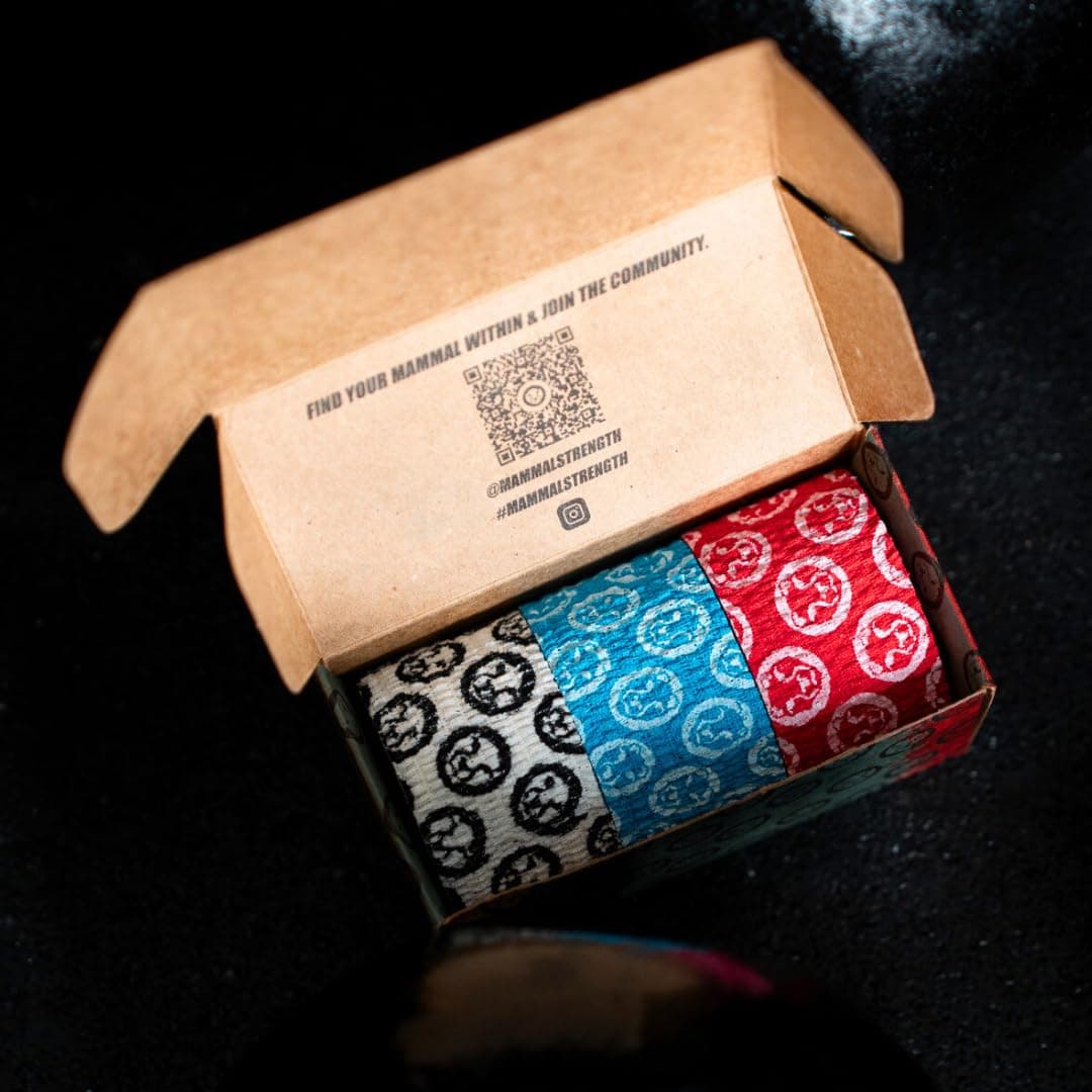 Mammal Strength Thumb Tape (3-Pack) 5m Rolls | Hook Grip Tape for Cross Fit, Weightlifting & Olympic Lifting - 2.0 & Spec - Plastic-Free & Breathable (White-Blue-Red)