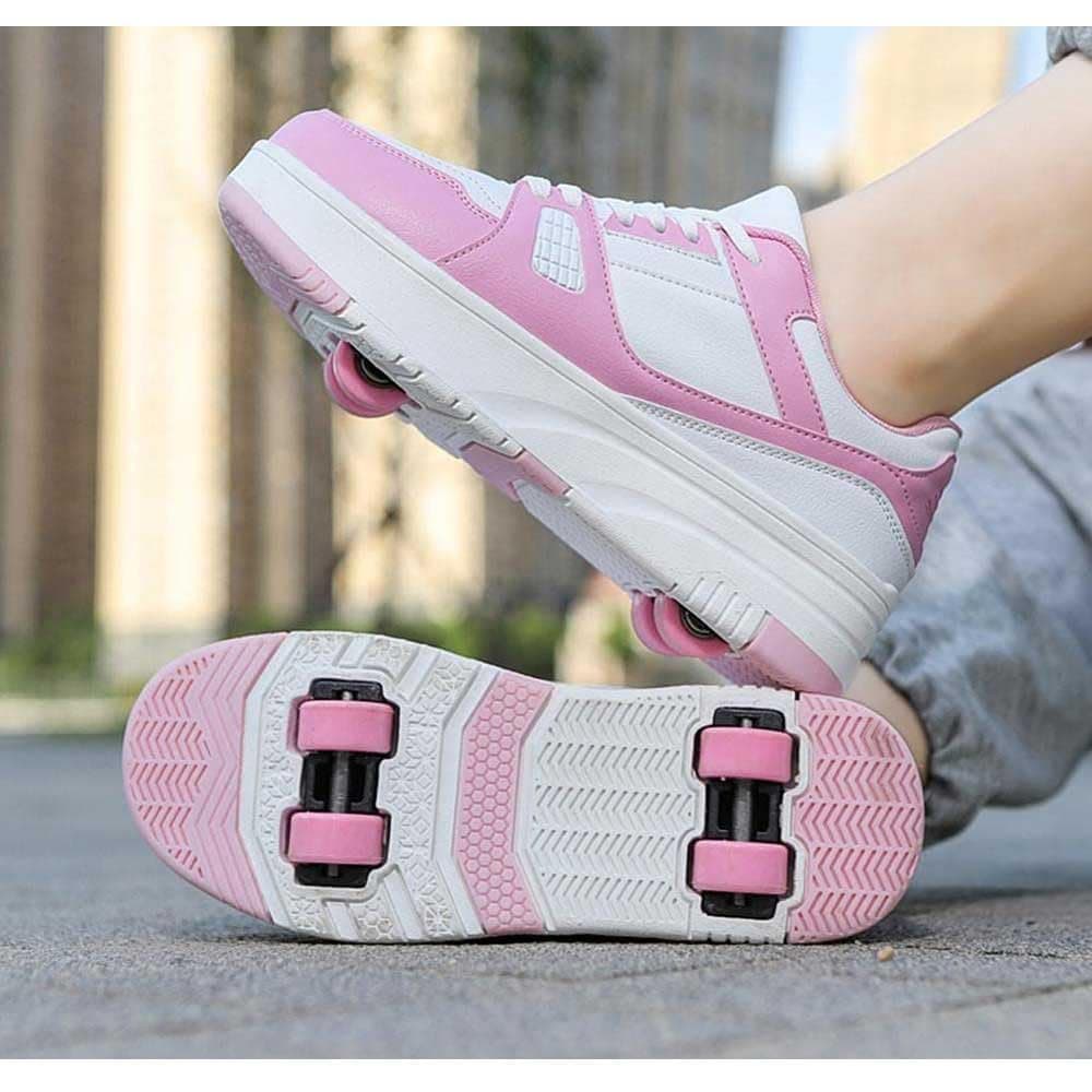 Boys Girls Roller Skates, Shoes With Wheels, Roller Skating Skates, Unisex Deformed Sneakers Wheel Shoes for Beginners Gift, Pink-31EU