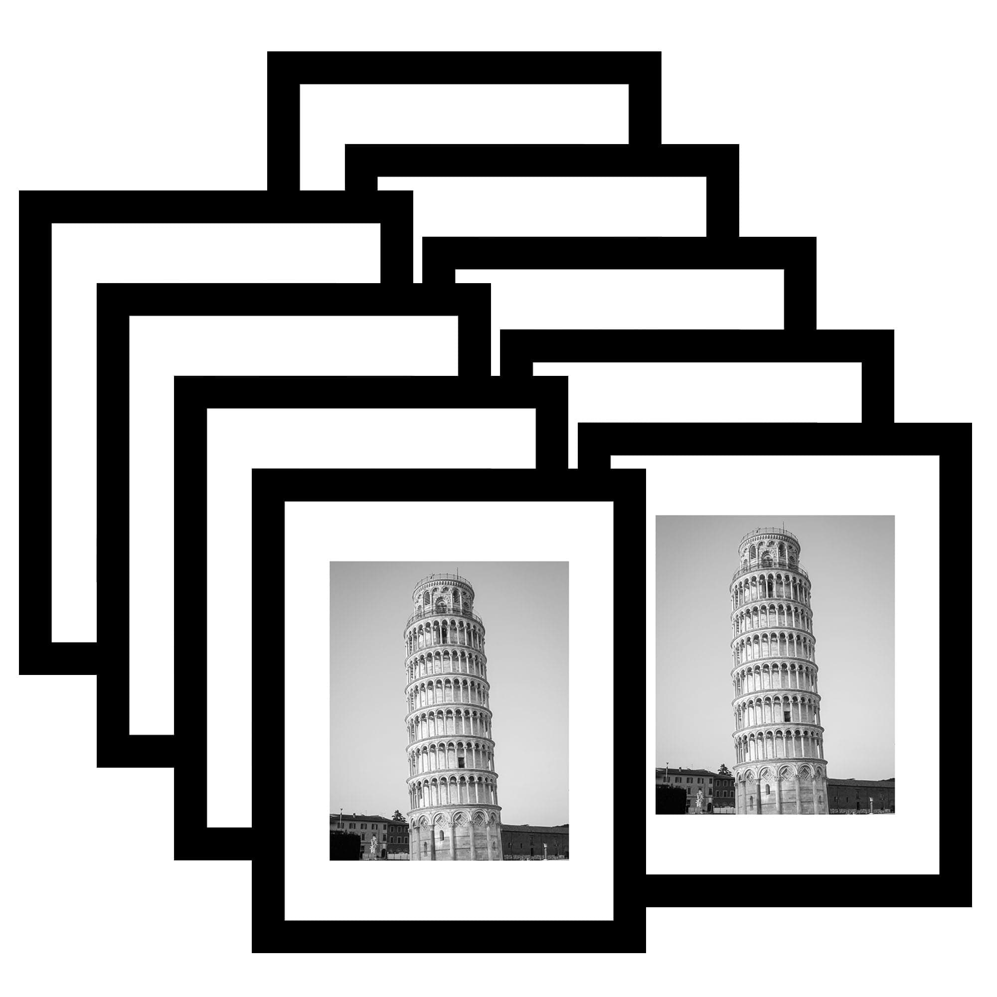 Wiscet 11x14 Picture Frame Set of 9, Display Pictures 8x10 with Mat or 11x14 Without Mat, Photo Frame for Wall Mounting or Tabletop Display, Black.