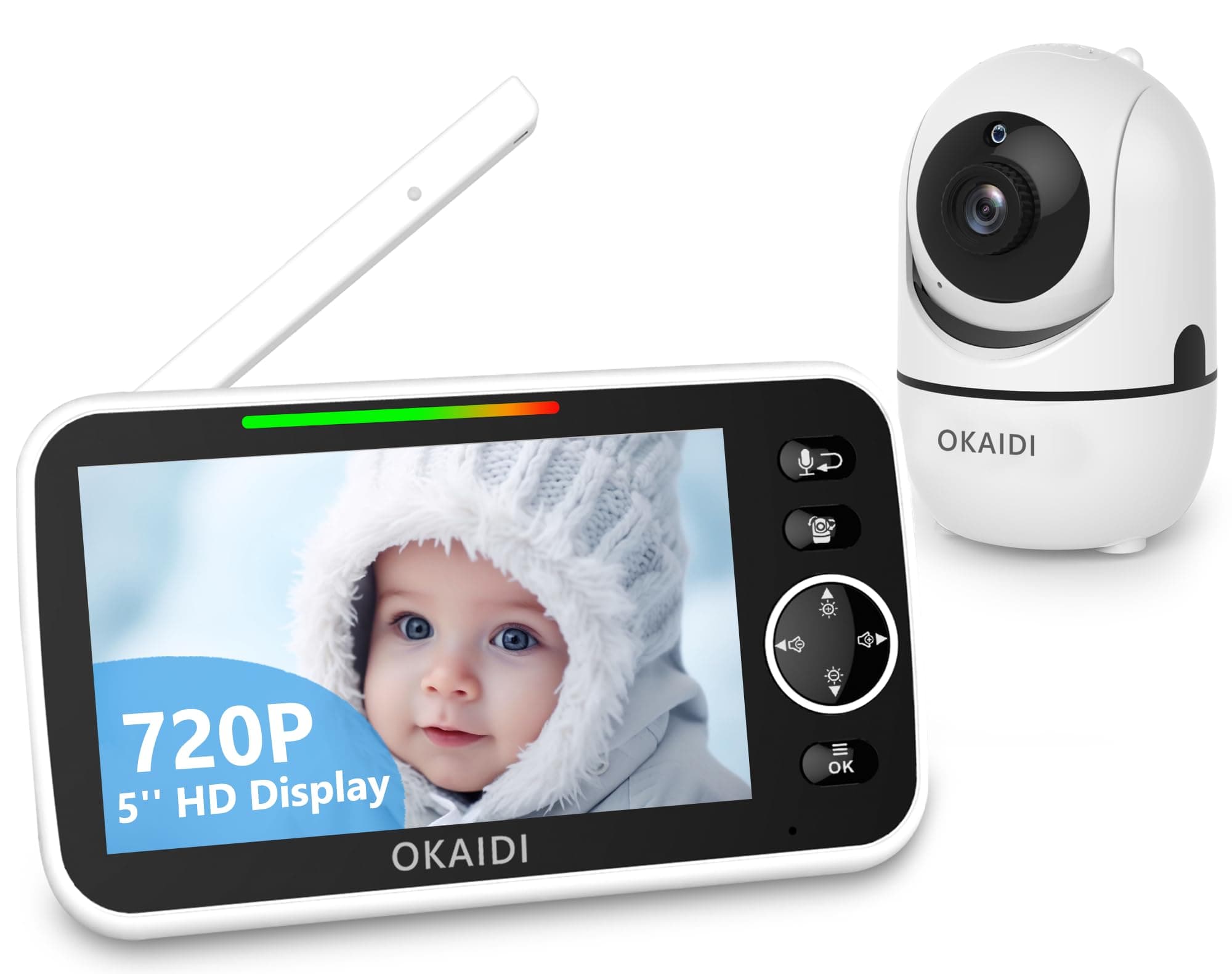 OKAIDI 5" HD Baby Monitor with Camera and Audio, 720P Display, 5000mAh Battery, Remote Pan-Tilt, 3X Zoom, Night Vision, 2-Way Talk, Temperature,Lullabies,1000ft Range Baby Monitor No WiFi
