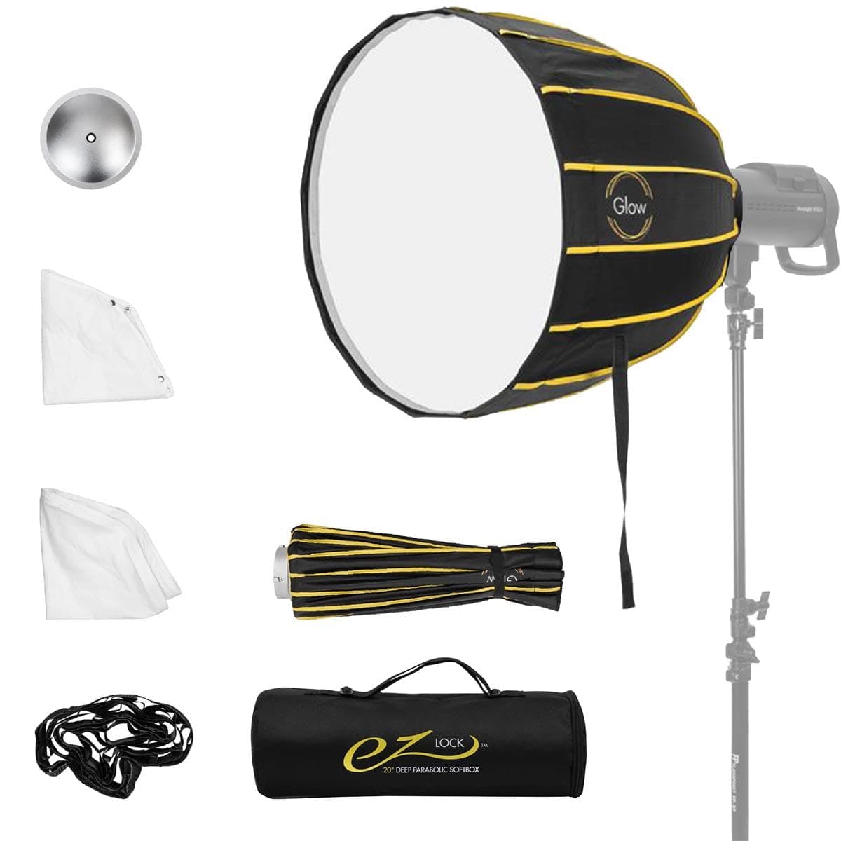 Glow EZ Lock 20" Deep Parabolic Quick Softbox, 16-Sided Parabolic Softbox Opens Up and Closes Down 'Umbrella' Style, this Bowens Mount Softbox with Quick Speedring Swap is an Ideal Speedlight