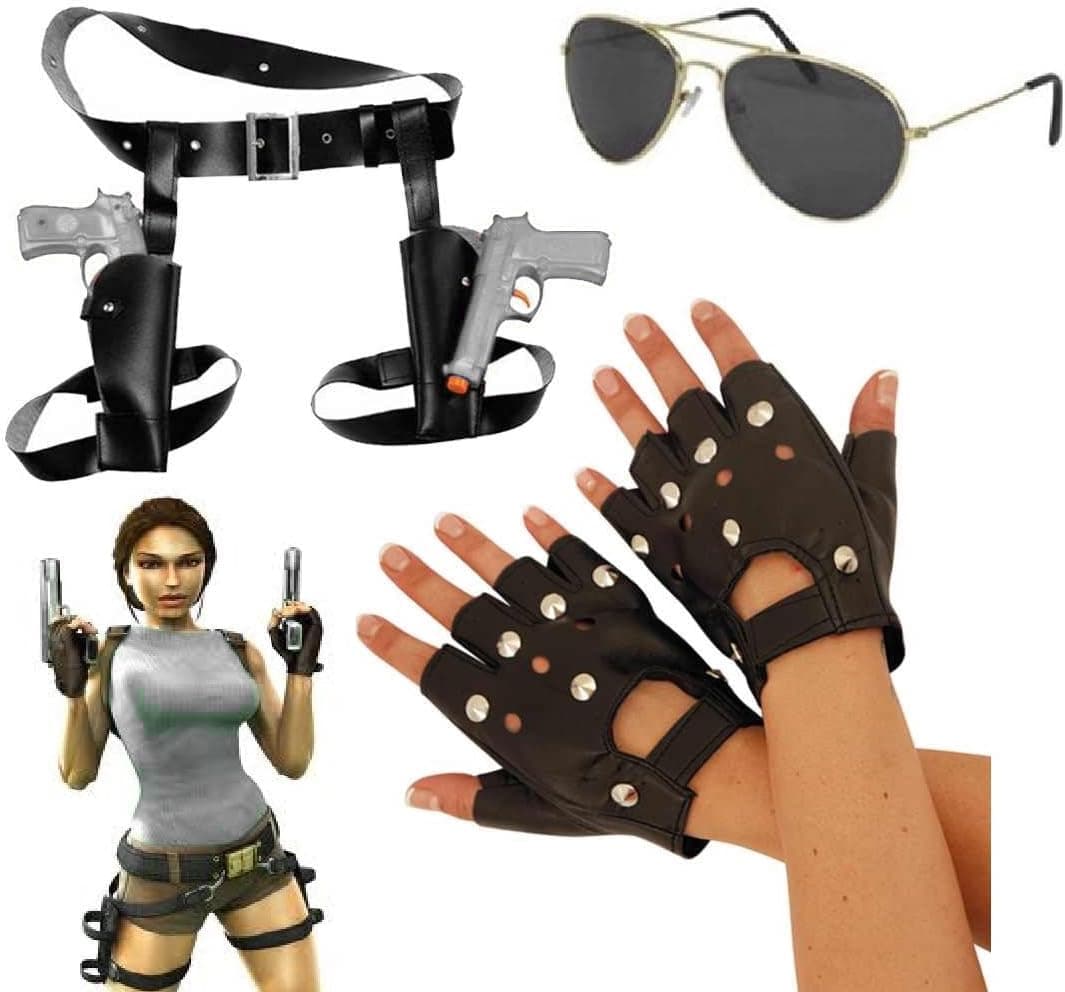 Twin Guns Thigh Holster-Lara Croft Style Tomb Raider Fancy Dress Accessories Guns Holster Glasses Plaits and Gloves (Mega_Jumble) (3 Piece Set)
