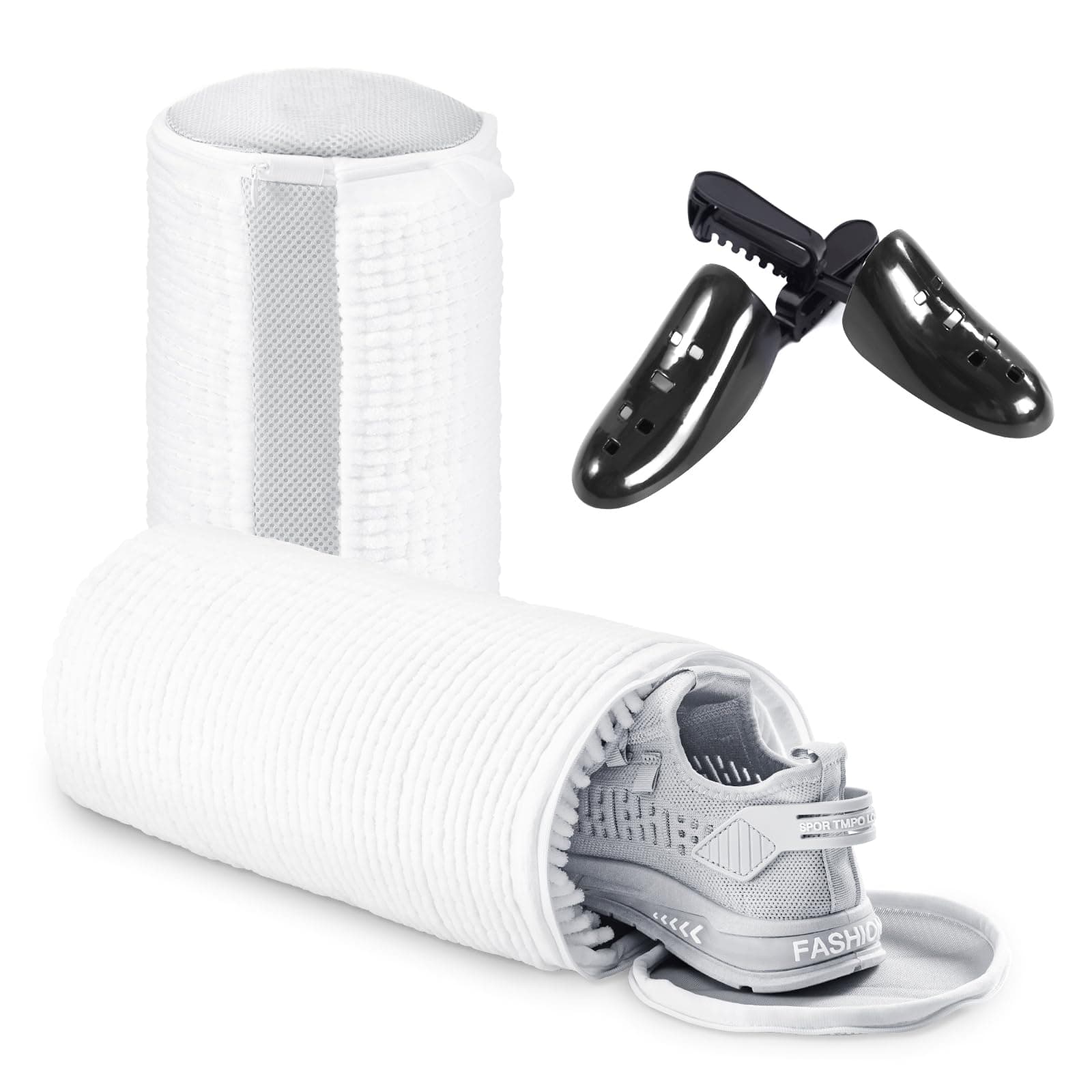 Teletrogy Shoe Washing Bag for Washing Machine, Fluffy Fibers Keep 360° Wrap-around Cleaning, Adjustable Shoe Trees, Durable Hidden Zipper Reusable Laundry Bag for Sneaker Gym Shoes White