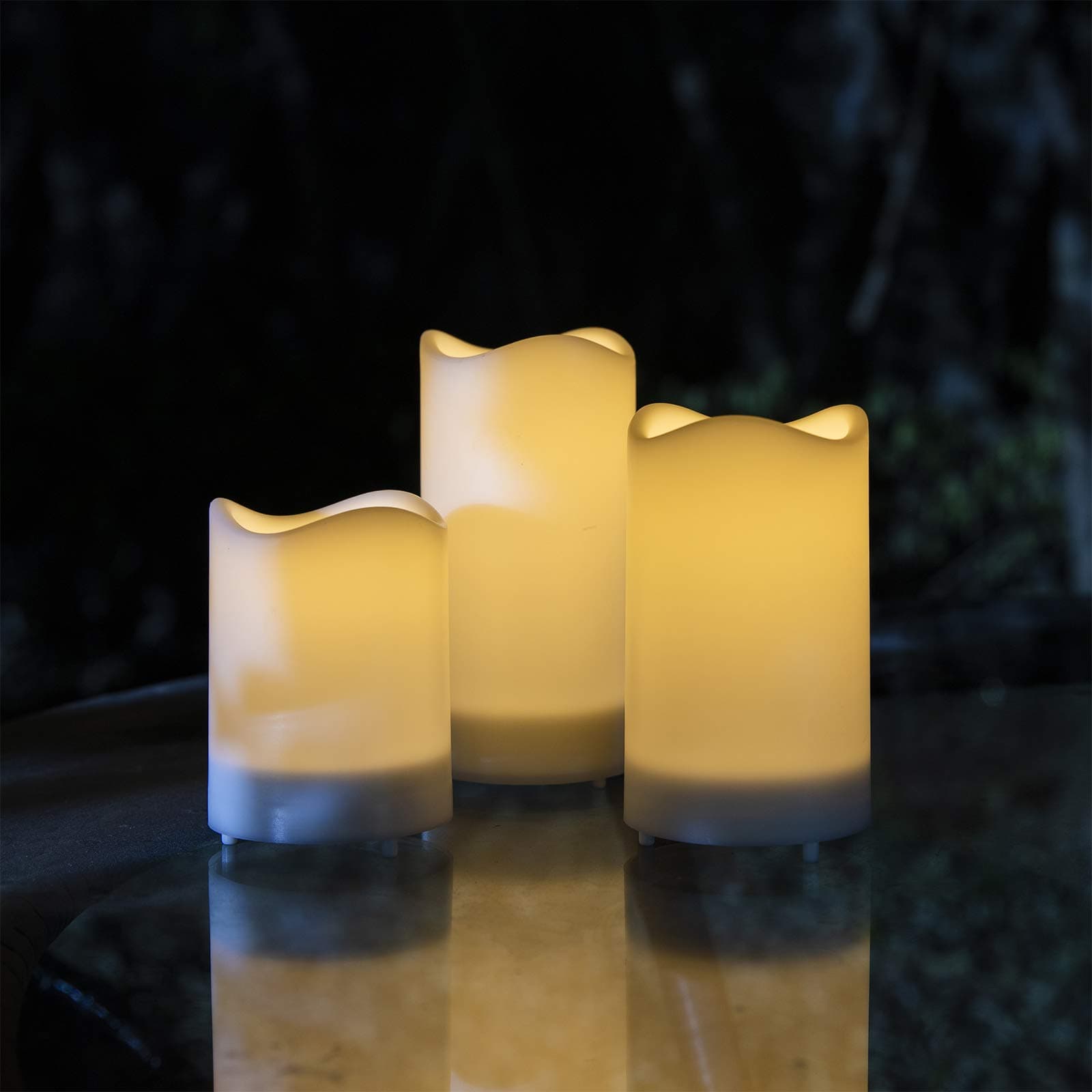 ZHONGXIN Solar Candles Outdoor Waterproof, Flameless Warm White Flickering Rechargeable Battery LED Candle Lights, 3inch Diameter Electric Pillar Candles for Home Garden Window Lantern Décor-Set of 3