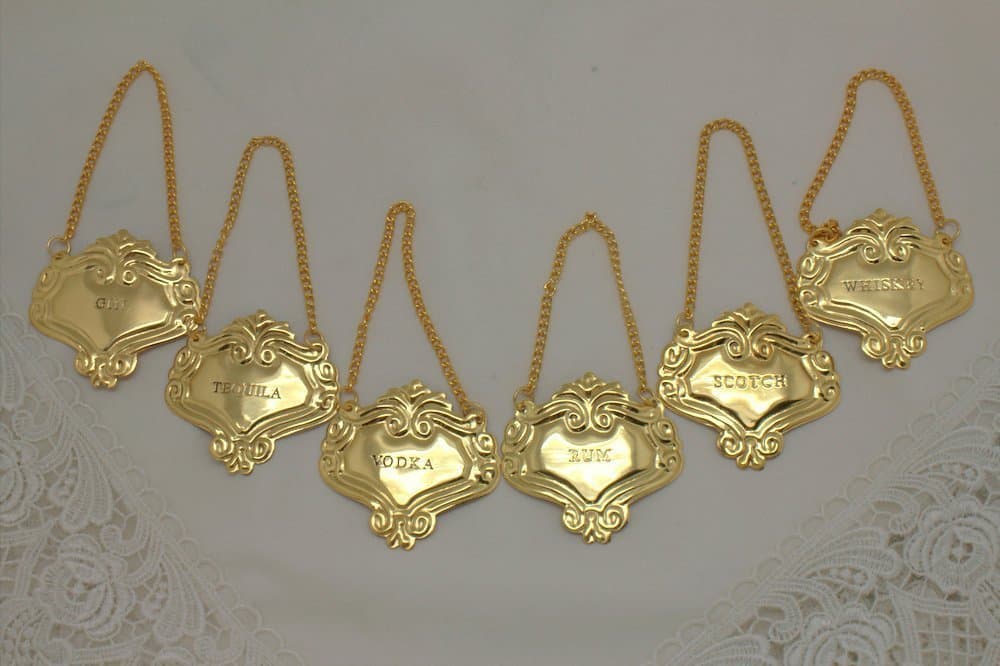 Set/6 Brass Plated Silver Engraved Fancy Floral Decanter Labels Liquor Bottle