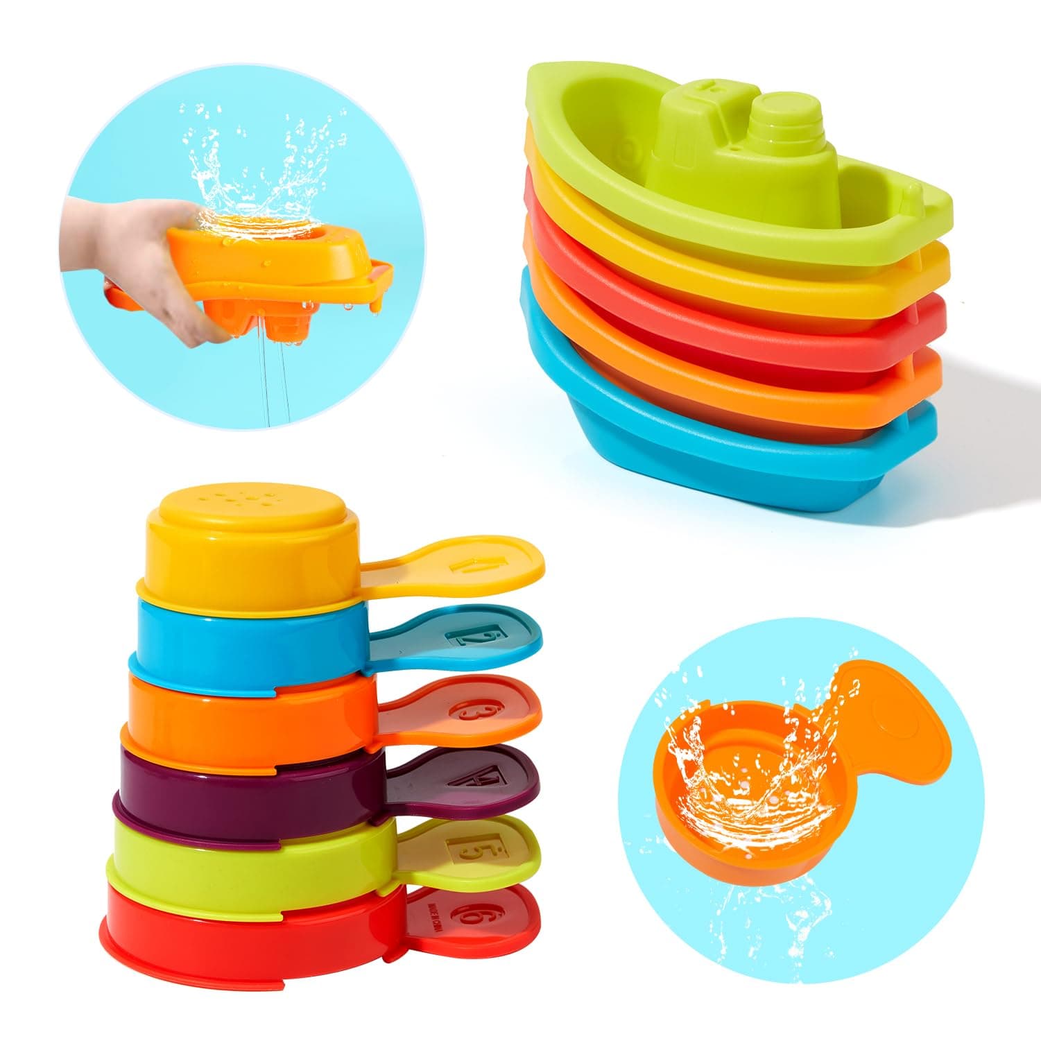 Bath Toys, 11PCS | Mold Free Baby Bath Toys for Toddlers with Bath Boats | Countable Spoons with Number | Easy-Grip, Floating and Drain Water | Color Recognition & Stacking Skill | Baby Water Pool Toy