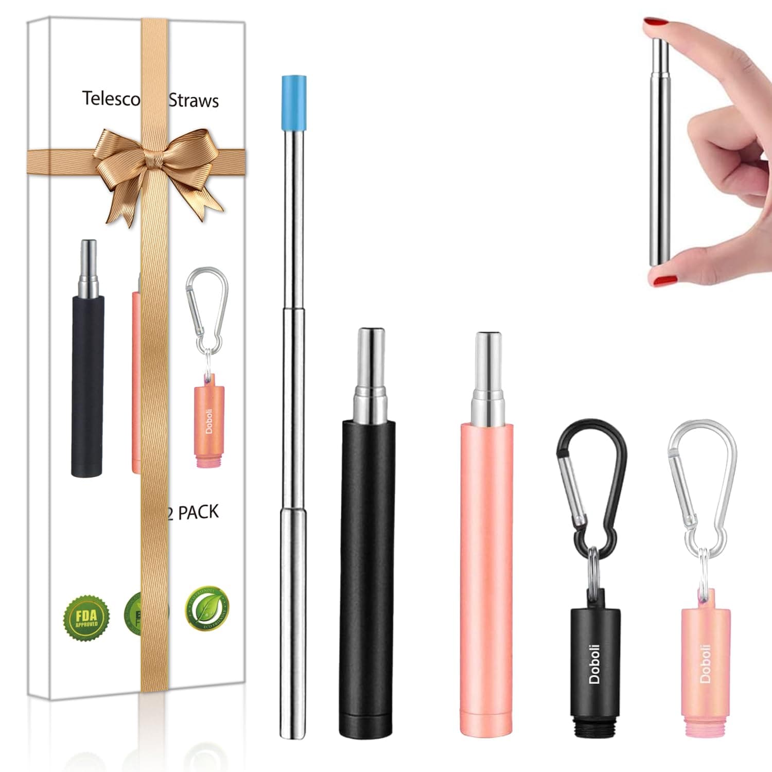 2 Pack Reusable Metal Straws Collapsible Stainless Steel Drinking Straw Travel Portable Telescopic Straw with Case for Cruise Ship Essentials Black/Rose Gold