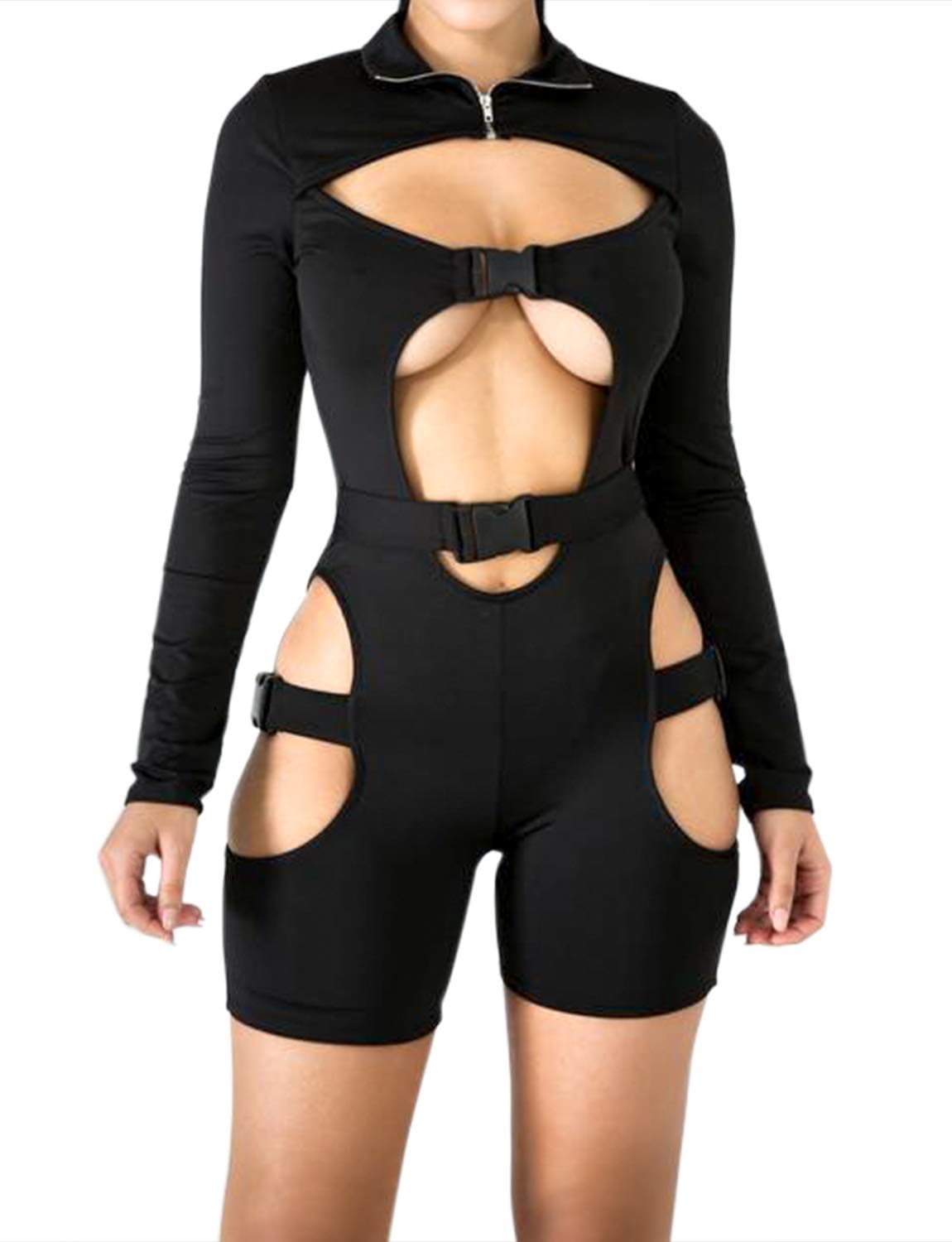 Women Long Sleeves Jumpsuit Bodycon Buckle Romper Sexy Hollowing Out Bodysuit Short Jumpsuit Pants
