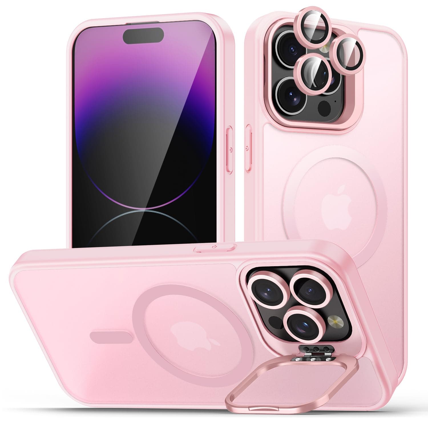 for iPhone 14 Pro Max Case, Compatible with MagSafe, Built-in Camera Ring Stand, with Individual Camera Cover, Translucent Matte Military-Grade Drop Protection Magnetic Case, Pink