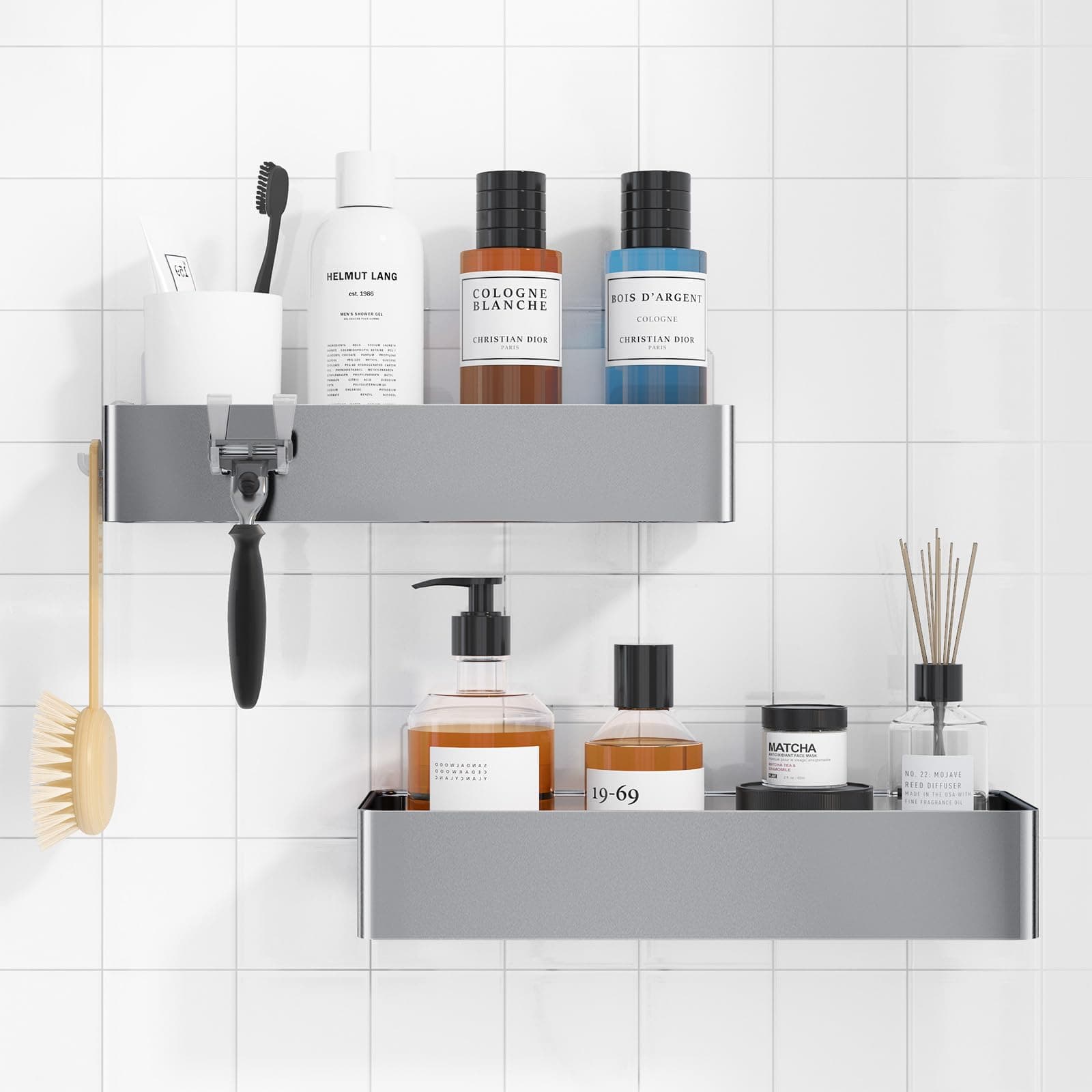 Kitsure 2 Pack Rustproof Shower Caddy - 2 Shelves, Drill-Free & Quick-Dry Shower Organizer, Rustproof Bathroom Shelves with 4 Hooks, Large, Sliver