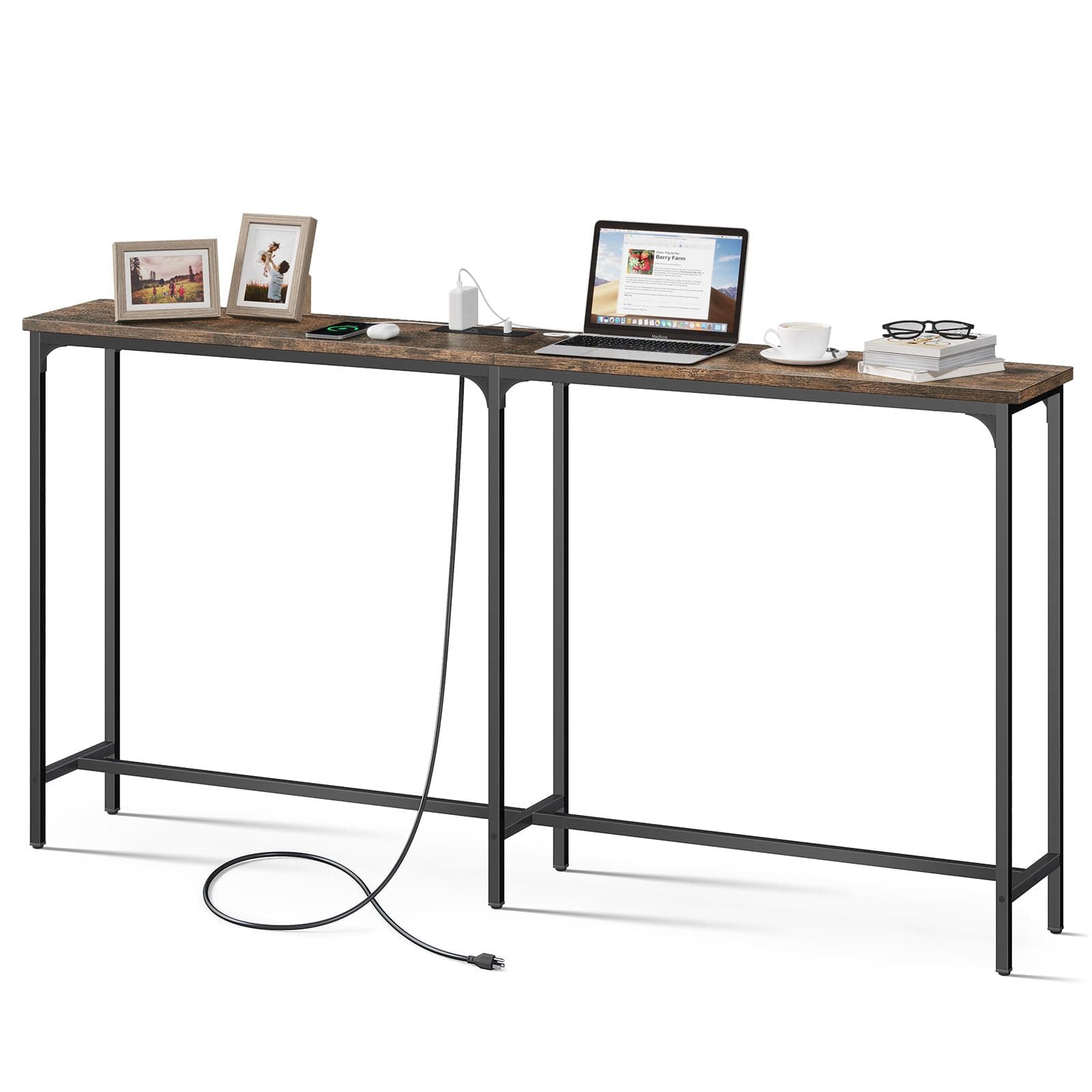 70 Inch Extra-Long Console Table with 2 Power Outlets and 1 Type C Port and 1 USB Port, 10.6” D x 70.9” L x 35.4” H Sofa Table, Behind Couch Table, Narrow Long Entryway Table (Brown)