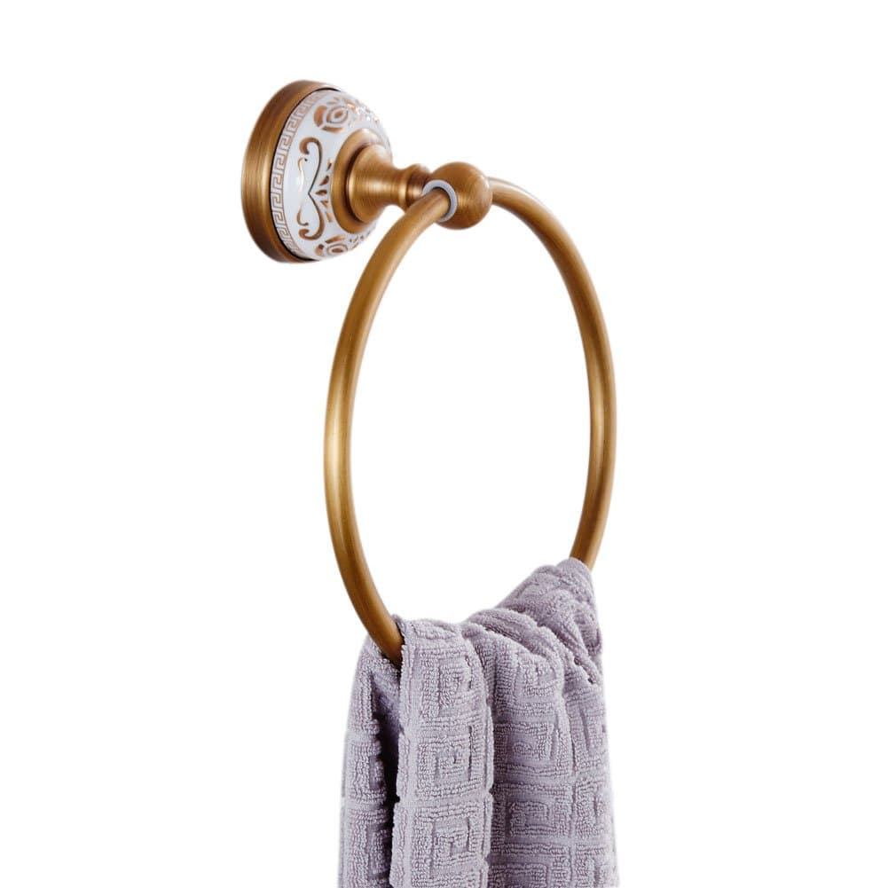 WINCASE European Antique Bronze Brass Gold-Plated Towel Ring Golden Wall Mounted White Porcelain Metal Pendants Bathroom Hardware Pendant Antique White Porcelain Towel Racks Bathroom Accessories