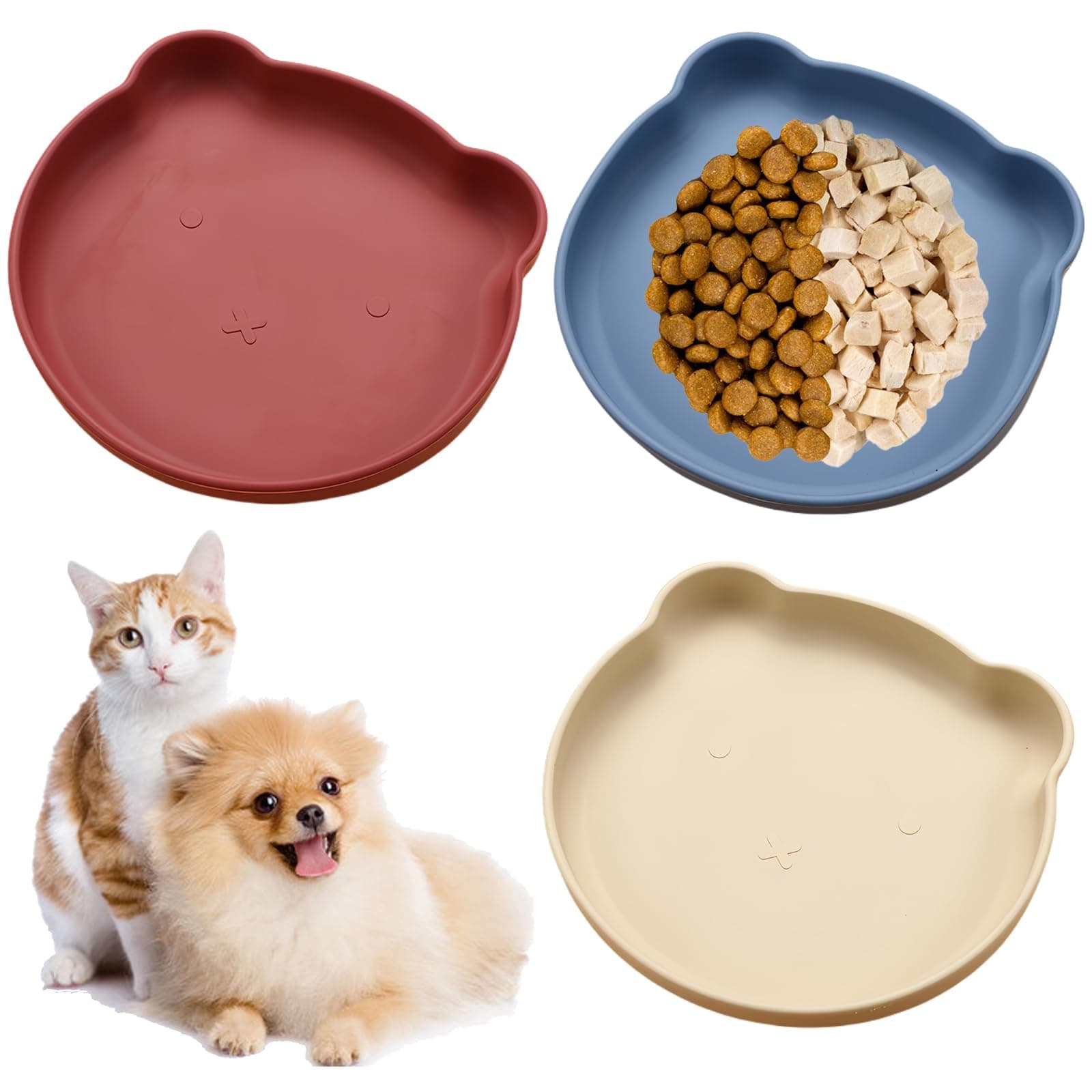 3 Pieces Cat Bowl, Flat, Silicone Bowl, Cat Food Bowl, Cat Food, Feeding Bowl, Dry Food and Wet Food Bowl, Cat Bowl with Suction Cup for Cats, Dogs, Rabbits