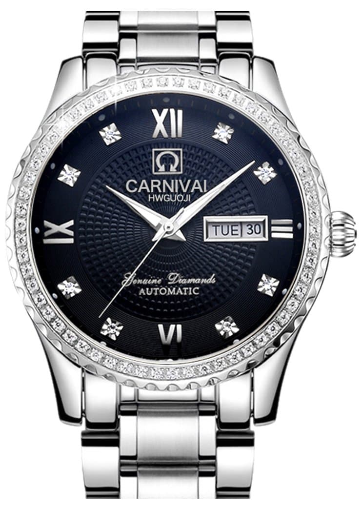 Mens 25 Jewels Automatic Watches with Mineral Mirror Calendar Diamonds and Luminous Watch Black