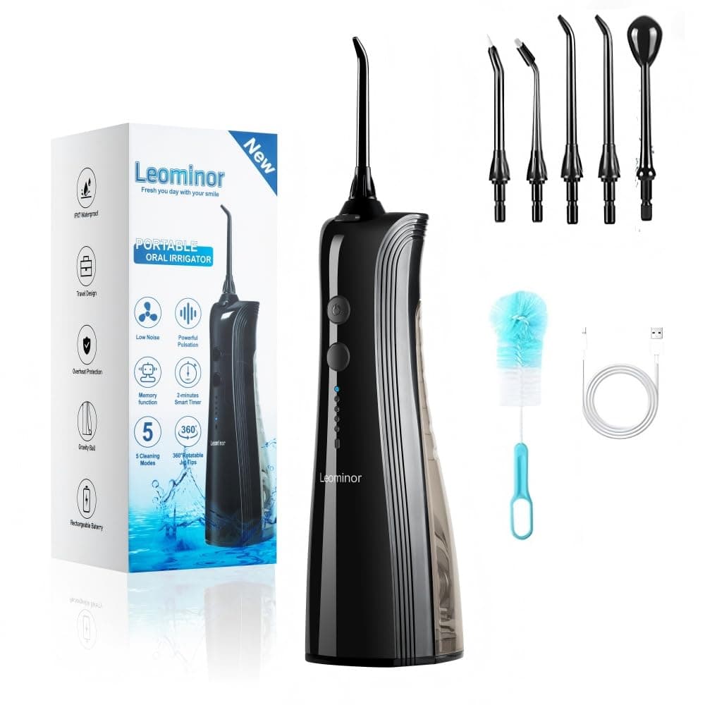 Leominor Water Dental Flosser - 5 Modes Cordless Portable Oral Irrigator, IPX7 Waterproof, Rechargeable Teeth Cleaner Upgrade Datchable Tank Professional Flossing Cleaning Pick for Home Travel (Black)