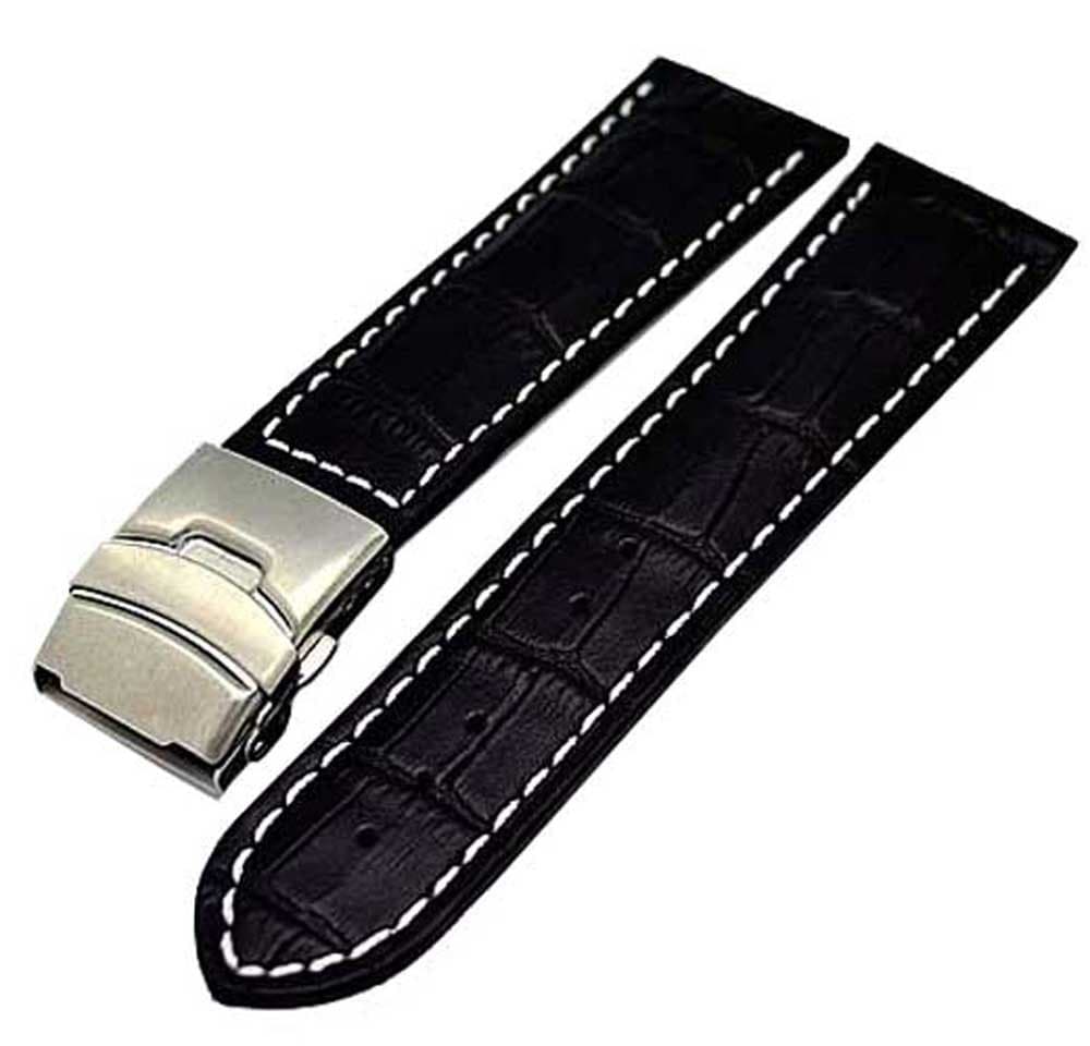 Watchband Strap Deployment Clasp Watch Strap 18 mm Black with White Stitching 3950