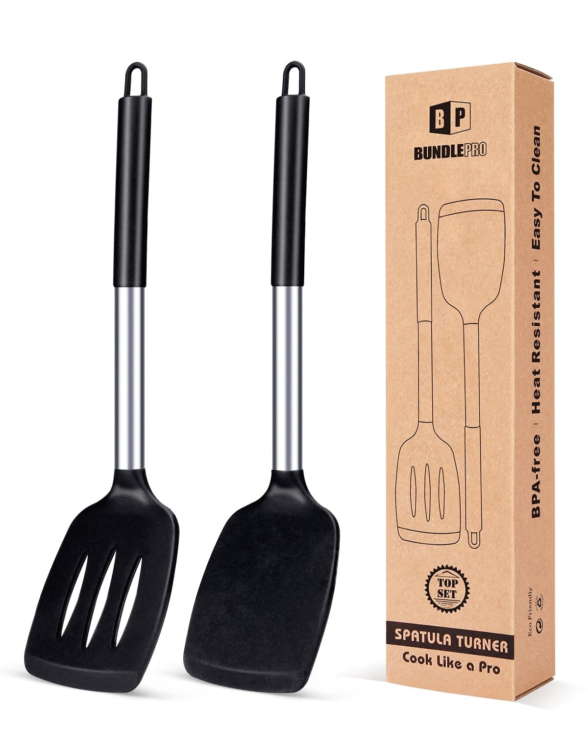 BUNDLEPRO Pack Of 2 Silicone Solid Turner ,Non Stick Slotted Kitchen Spatulas ,High Heat Resistant BPA Free Cooking Utensils ,Ideal Cookware For Fish ,Eggs ,Pancakes (Black)