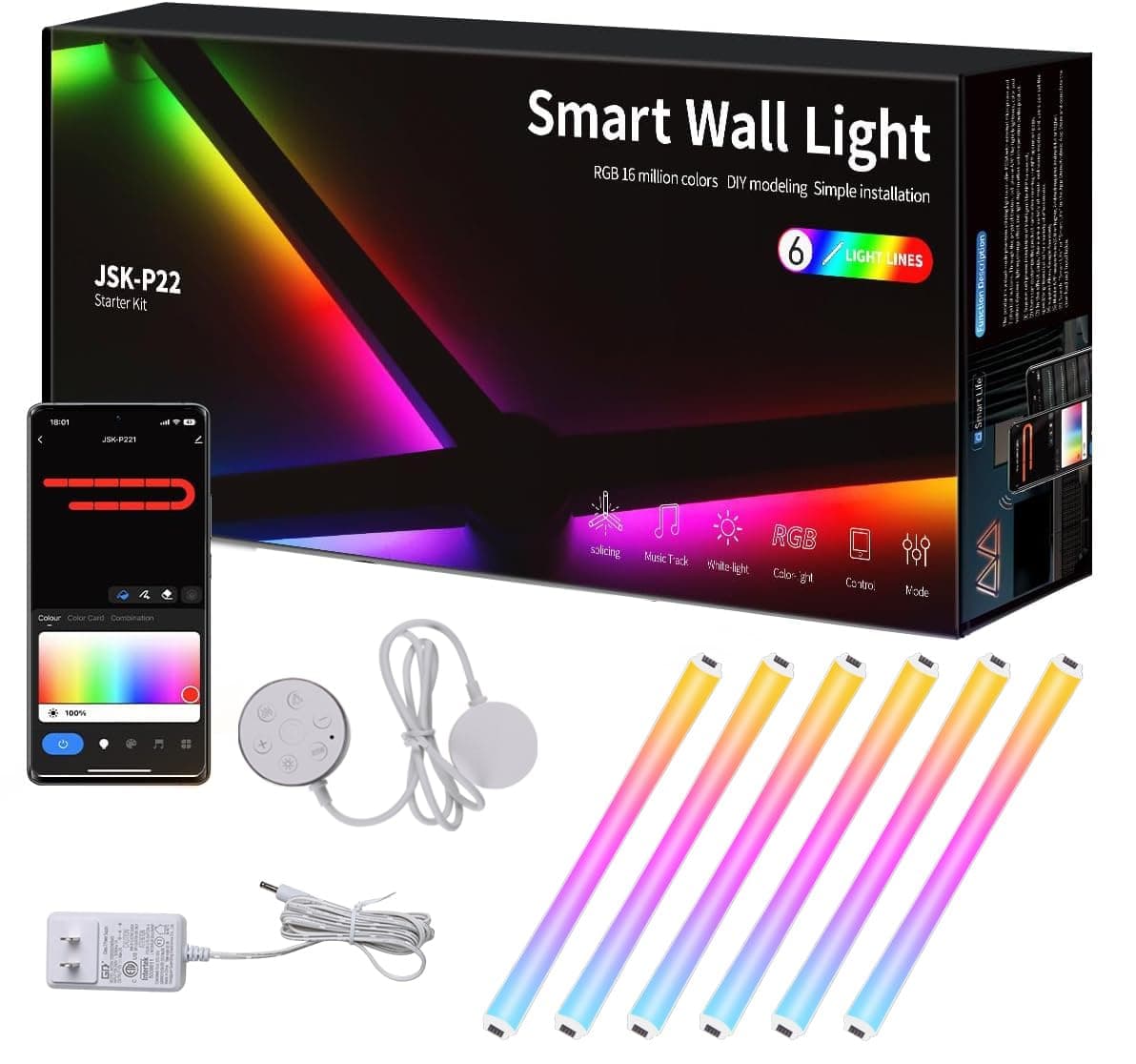 RGBIC Smart WiFi Glide Wall Light, Compatible with Alexa and Google Assistant, 16M+ Colors, Music Sync, Gaming Room/Bedroom Decor Lights(6 White Lines Light)