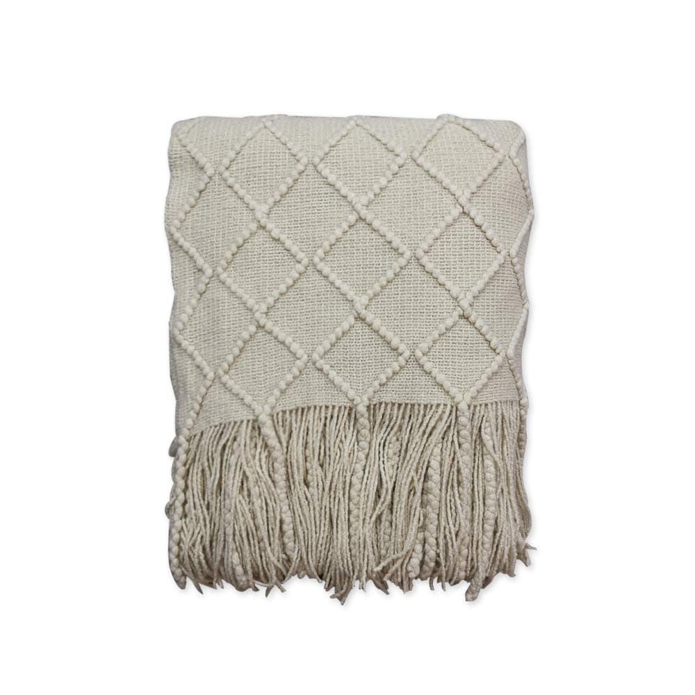 Soft Throw Blanket Warm & Knitted Blankets with Decorative Fringe Lightweight for Bed or Sofa Decorative (Beige, 50" x 90")