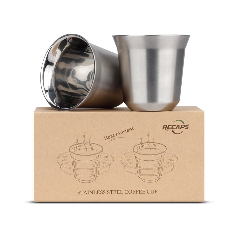 RECAPS 80ml Stainless Steel Espresso Cups Set - 2 Pack Double Wall Stainless Steel Espresso Cup By 2.7oz