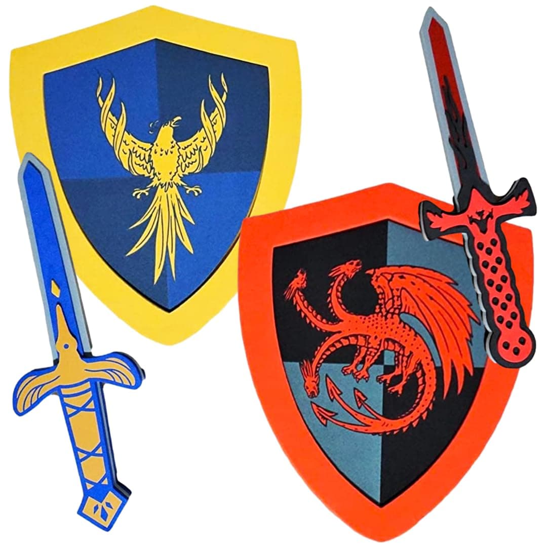 SENSORY4U Foam Sword and Shield Set - Kids Role Play Toy, Knight and Dragon Theme, Light vs Dark Pretend Play Weapons