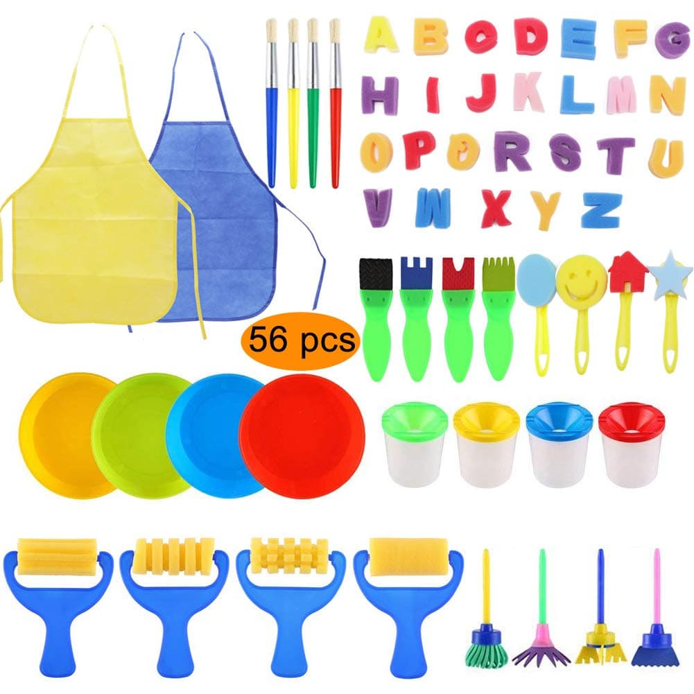 56 PCS Sponge Paint Brushes Kit Painting Brushes Tool Kit for Kids Early DIY Learning Drawing Doodle Include Foam Brushes, Paint Bowls, Paint Pots, Pattern Brushes Set, Waterproof Apron (56 Pcs)