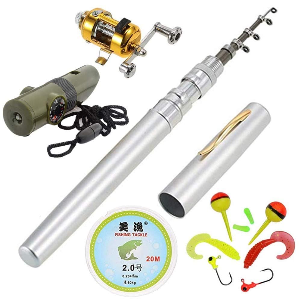 jatzde Portable Mini Telescopic Pen Fishing Rod Reel Combo Set —— Pocket Fishing Rod Pole + Reel Aluminum Alloy + Fishing Line + Soft Lures Set+7 in 1 Emergency Survival Whistle (Silver)
