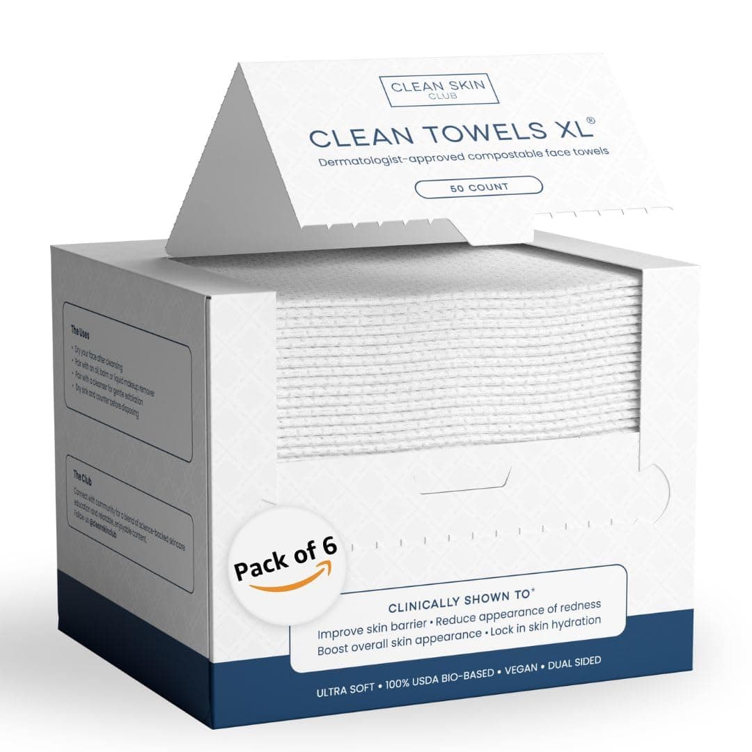 Clean Skin Club Clean Towels XL®, 100% USDA Biobased Face Towel, Disposable Face Towelette, Eczema Association Accepted, Makeup Remover Dry Wipes, Ultra Soft, 50 ct per pack, 6 Packs, 300 Ct Total