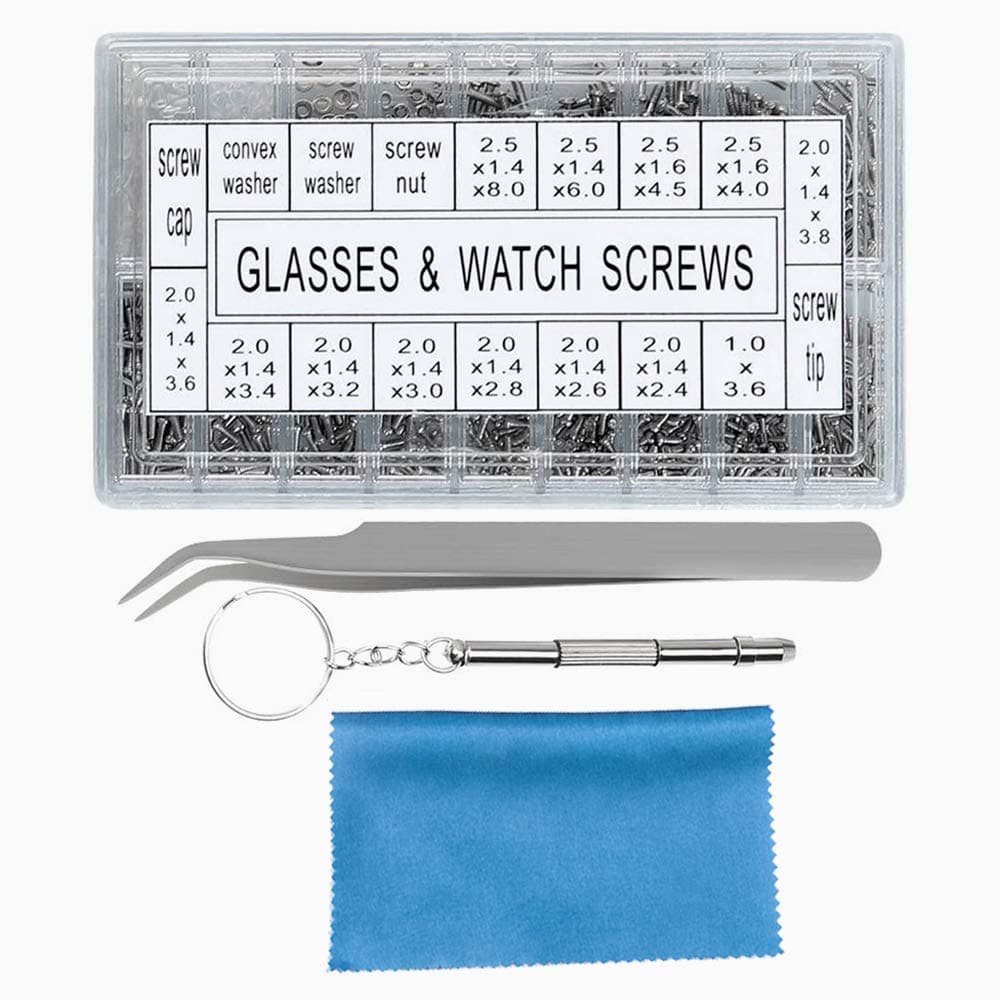 Eyeglass Repair Kit, 1000Pcs Sunglasses Watch Tiny Screws Assortment Stainless Steel with Tweezers Nut Washer Micro 4 in 1 Screwdriver Tool for Spectacles Eyeglasses Glasses Clock Repairing