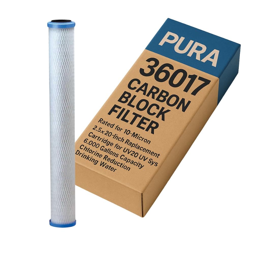 Pura 36017 Carbon Block Filter – 10-Micron 2.5 x 20-Inch Aqua Flo Replacement Cartridge for UV20 UV Systems, 6,000 Gallons Capacity at 2 GPM, Improves Taste and Odor of Drinking Water