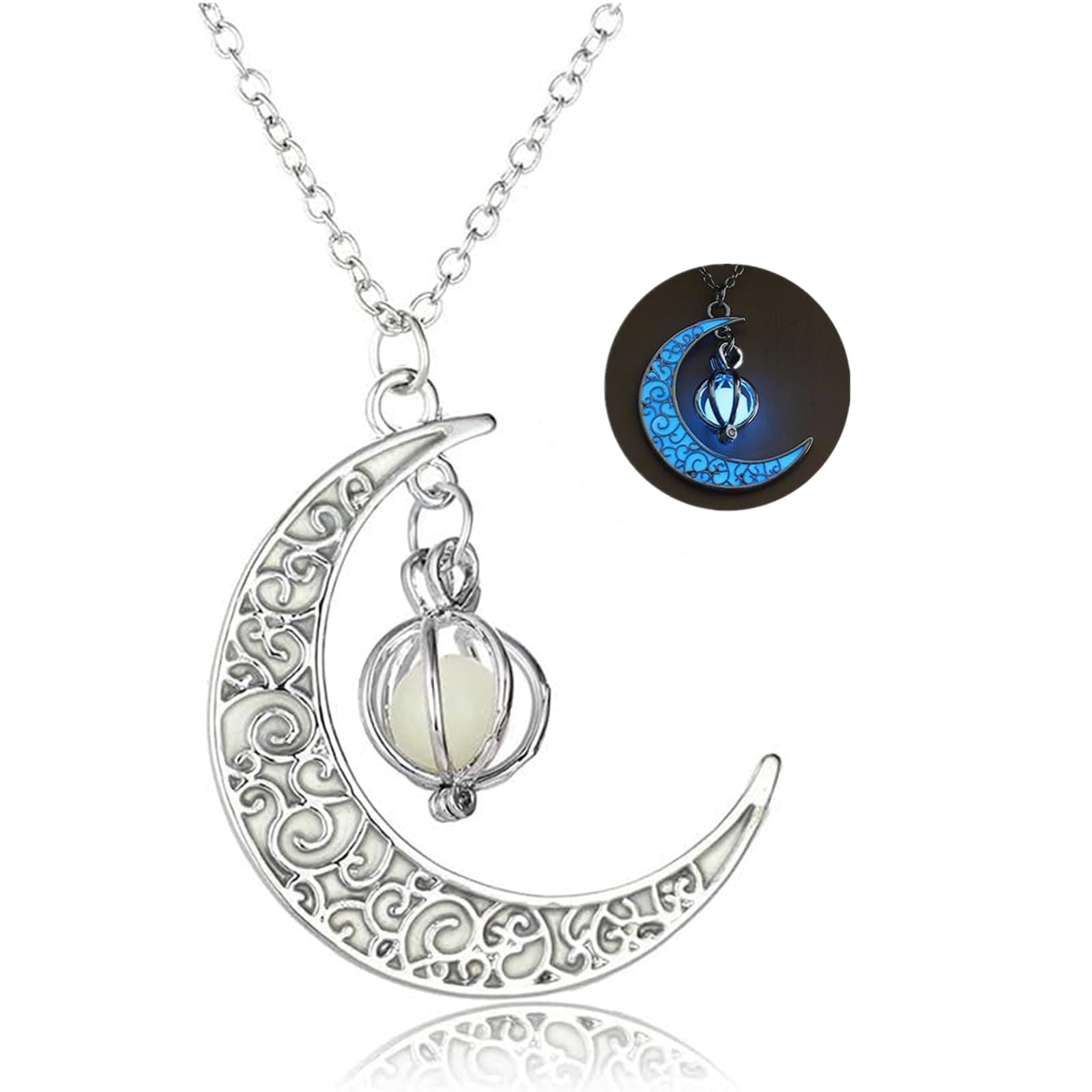 Rckcu Glow in The Dark Silver Crescent Moon and Orb Necklace - Glowing Blue Moon Charm - Magical Fantasy Fairy Glowing Necklace - Glow Jewelry (sky blue)