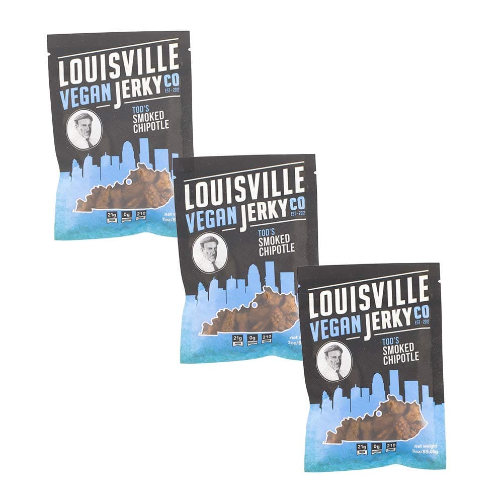 Louisville Vegan Jerky - Smoked Chipotle, Vegetarian & Vegan Friendly Jerky, 21 Grams of Non-GMO Soy Protein, Gluten-Free Ingredients (3 oz) | 3-Pack