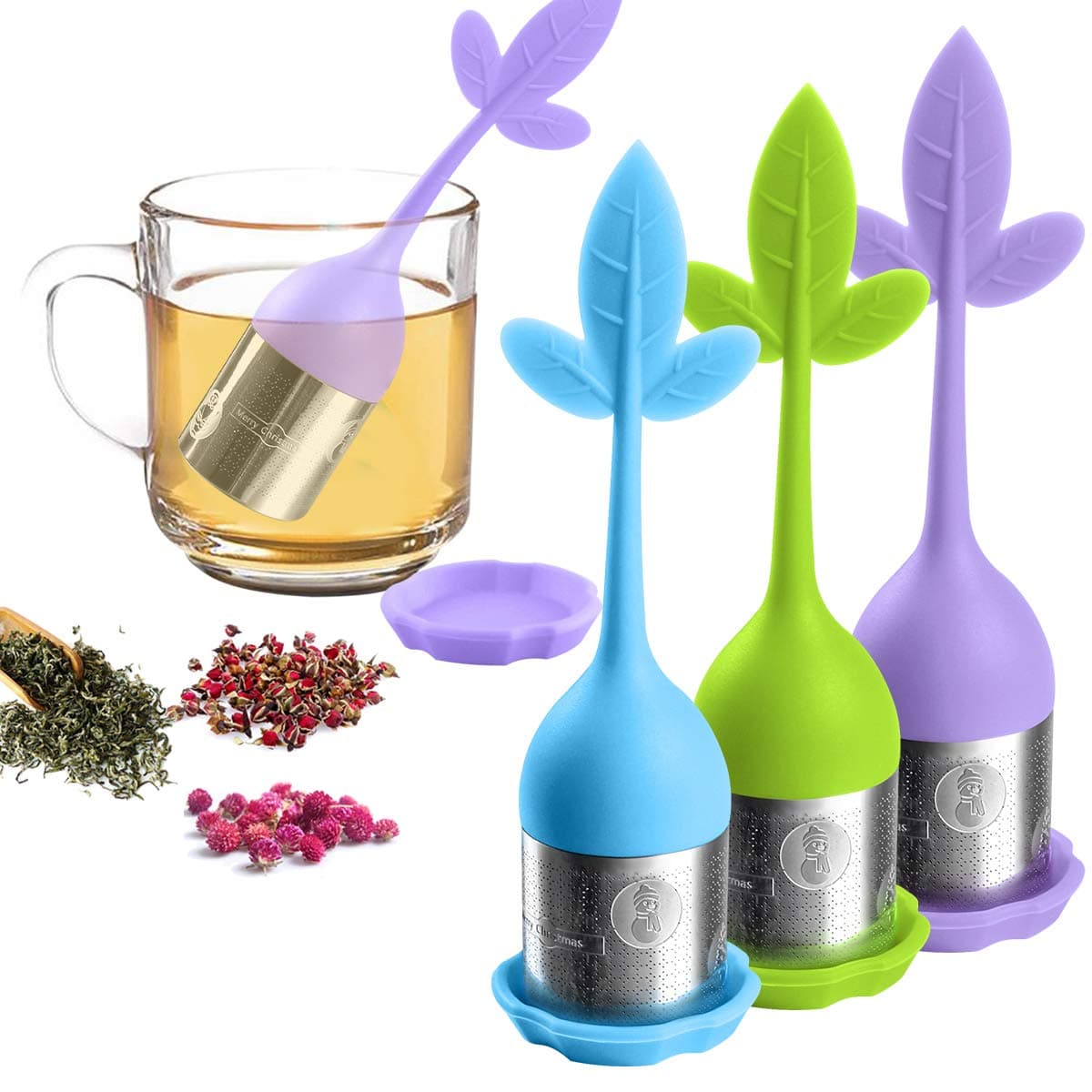 Loose Leaf Tea Infuser, Tea Strainer for Loose Tea Fine Mesh Tea Filter for Steeping Loose Tea, Tea Steeper for Teapot, Tea Diffuser w/Maple Shaped Silicone Handle, Stainless Steel Infuser Set