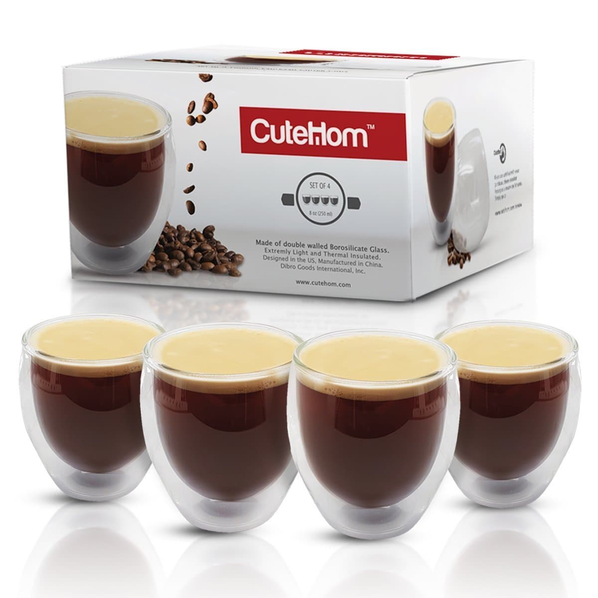 Double Espresso Cups - Thermo Wall Coffee Mugs - Set of 4 glasses