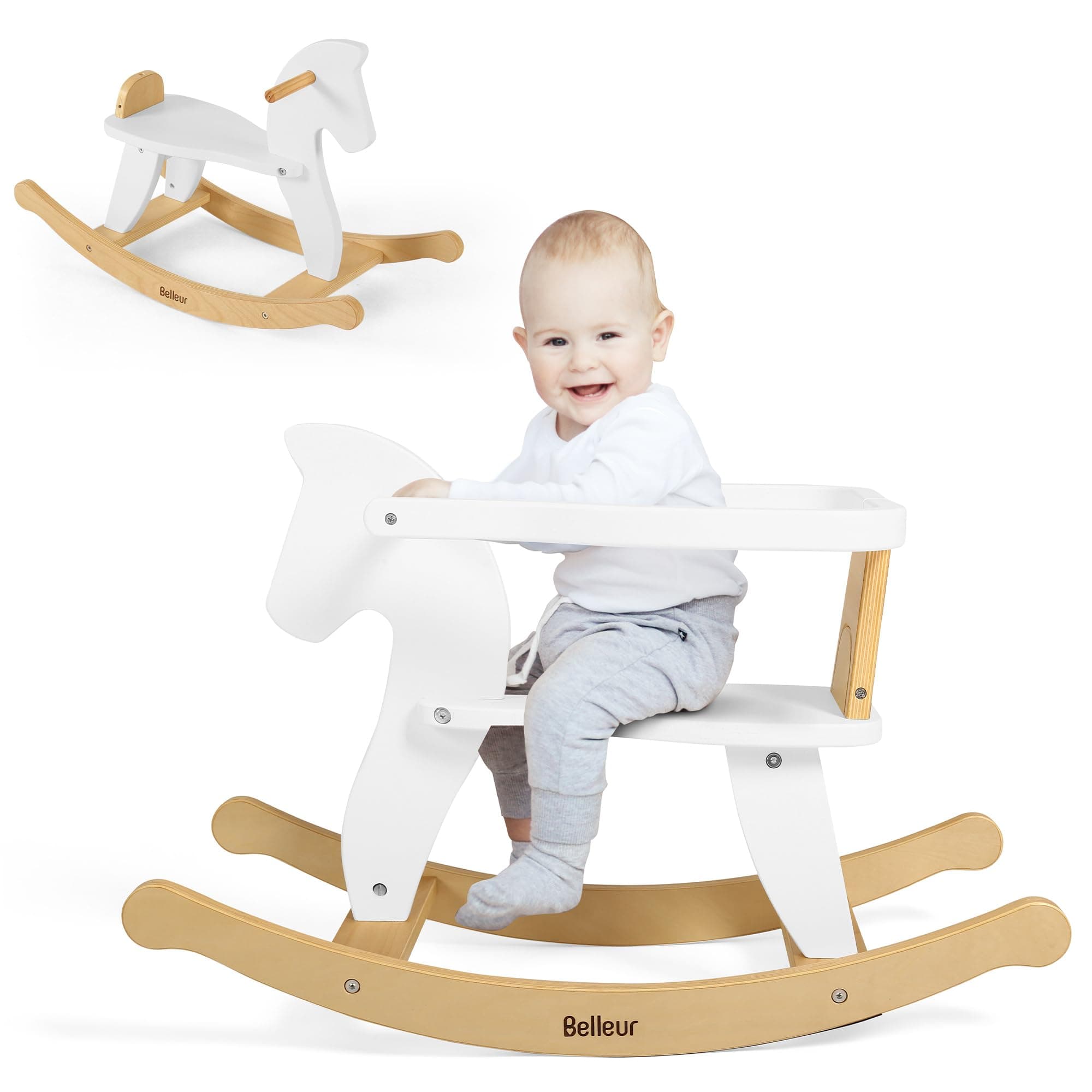 Rocking Horse for Kids 1-3 Years Old, Wooden Rocking Toy for Toddlers with Removable Fence for Indoor & Outdoor Activities, Baby Horse Riding Toy for Birthday & Visit Gifts