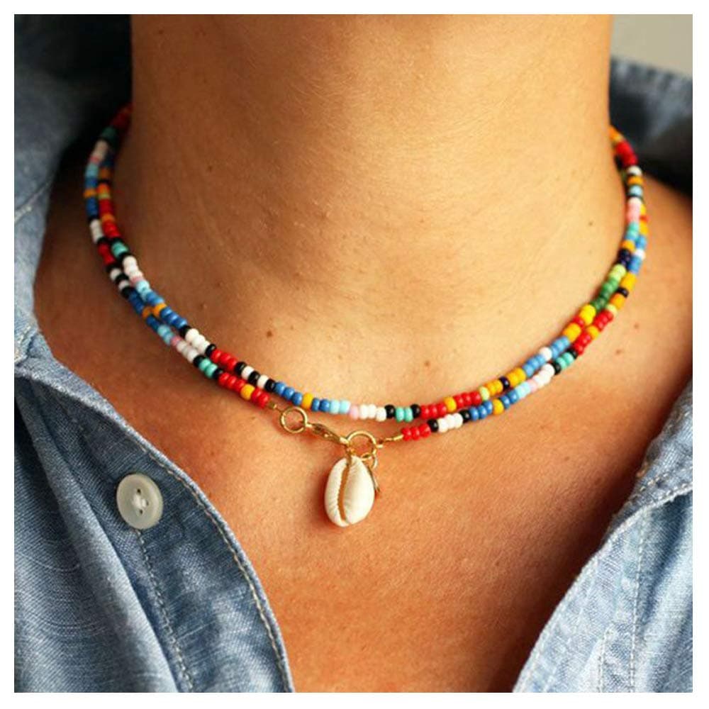 RiymusryRiymusry Bead Choker,Bohemian Colorful Bead Choker Necklace Summer Beach Shell Necklace Adjustable Hawaii Style Boho Beach for Women (Color 1)