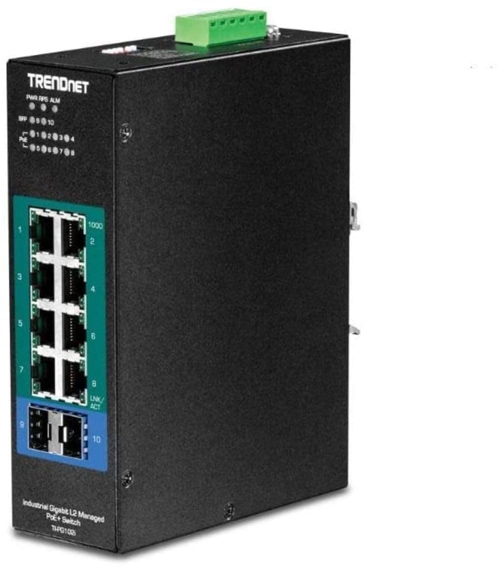 10-Port Industrial Gigabit L2 Managed PoE+ DIN-Rail Switch, 8 x Gigabit PoE+ Ports, DIN-Rail Mount, 2 x SFP Slots, 24–57V DC Power Input, IP30, VLAN, Lifetime Protection, Black, TI-PG102i