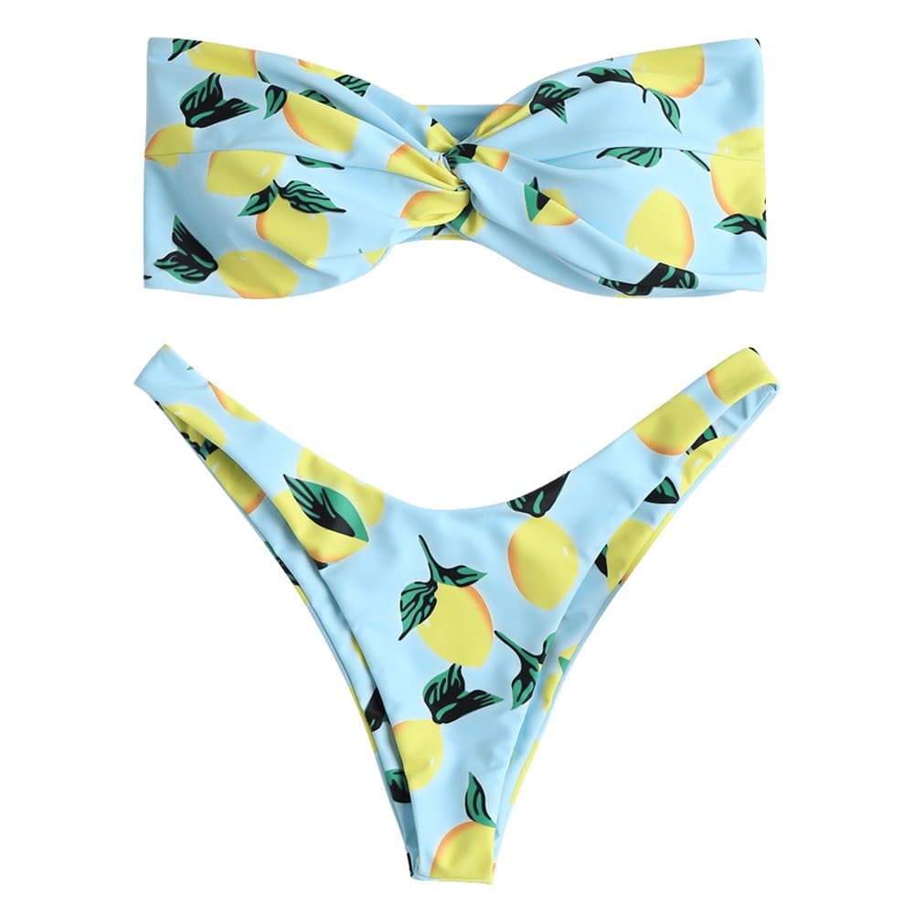 ZAFUL Women's Bandeau Bikini Set Strapless Swimsuits Lemon Printed Light Blue S
