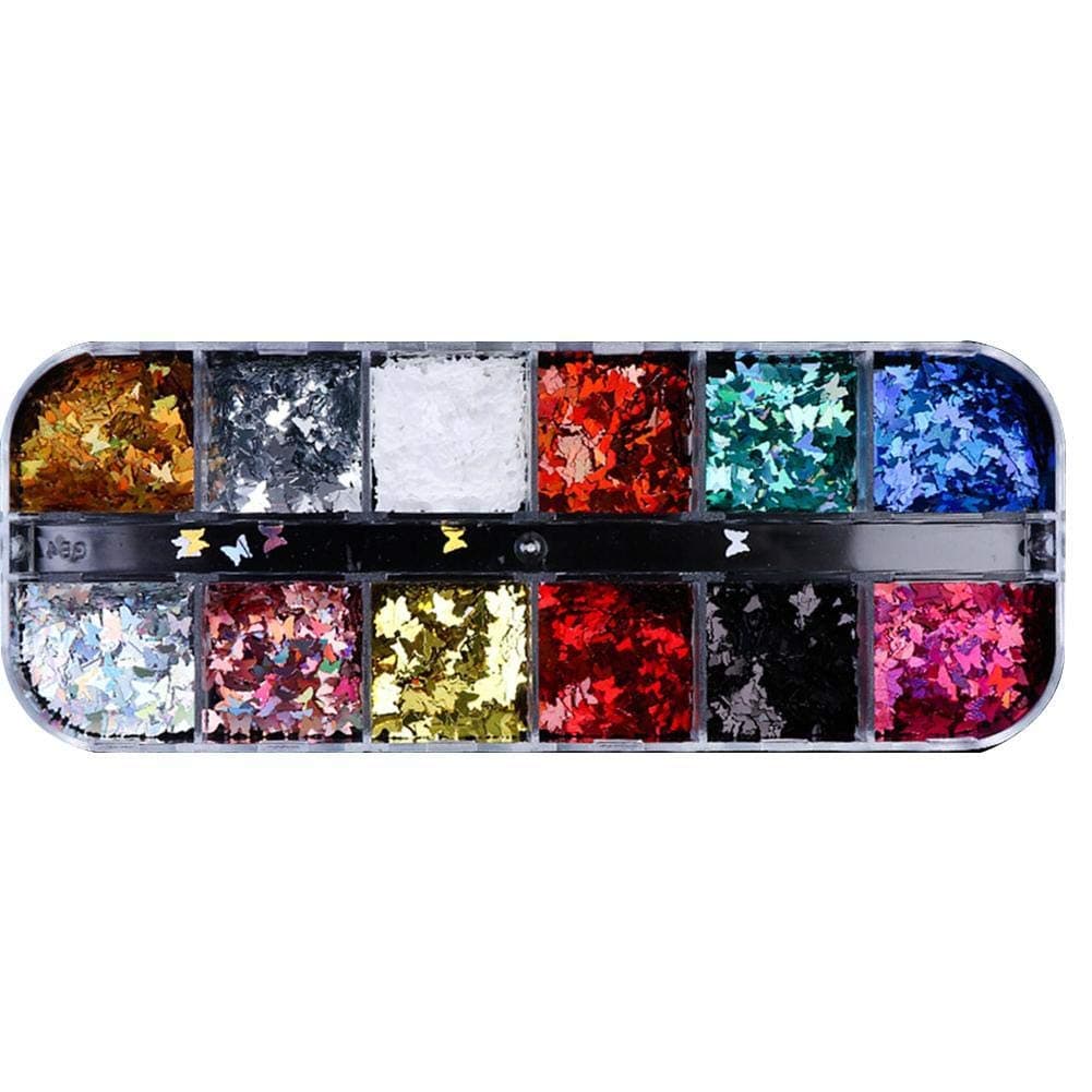 12 Styles 3D Butterfly Shape Nails Sequins Holographic Nail Art Flakes Holographic Sparkly Glitter Foil Sheets Mixed Paillettes Manicure Nail Decoration DIY Face Eyes Body Makeup