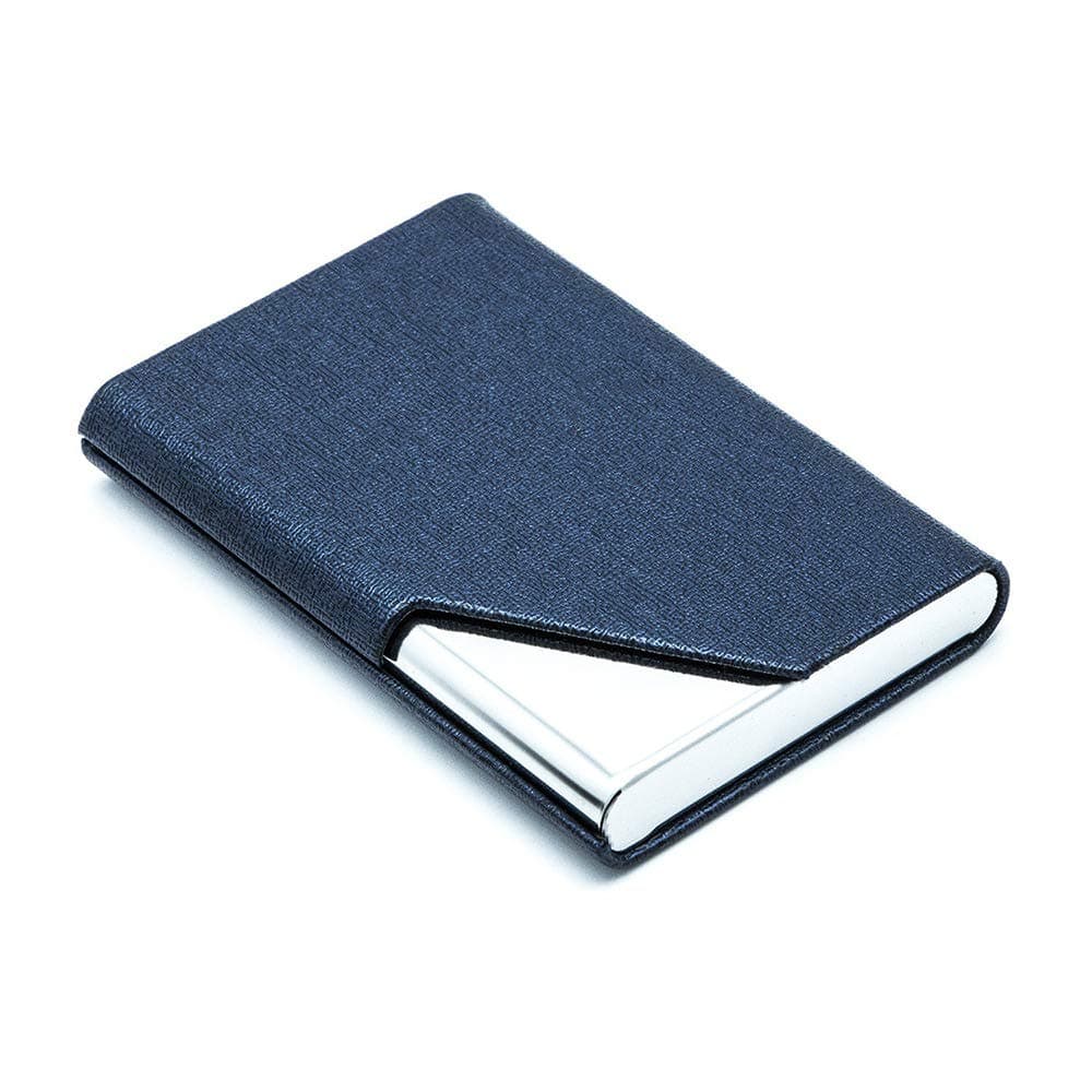 Pocket Business Name Card Holder, Stainless Steel Luxury PU Leather, Credit ID Card Case Organiser Wallet with Magnetic Shut, Blue