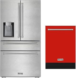 KOSTCH 2 Set - 36 inch 21.6 cu. ft. French Door Refrigerator/Fridge with Ice and Water Dispenser, & Large Capacity 24 inch Top Control Built-In Dishwasher, 45-dBA Ultra-Quiet (Red-SS)